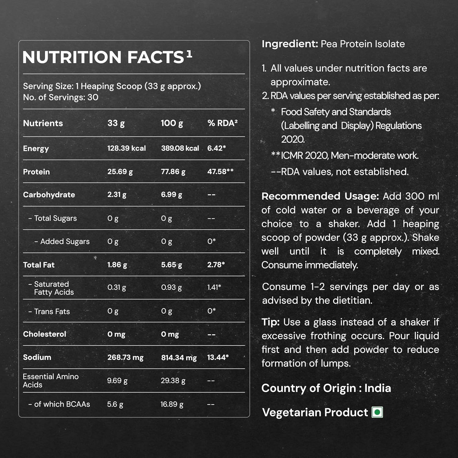 Pure Pea Protein Isolate – 25.3g Protein, 5g BCAA -1 Kg Unflavoured, 30 Servings