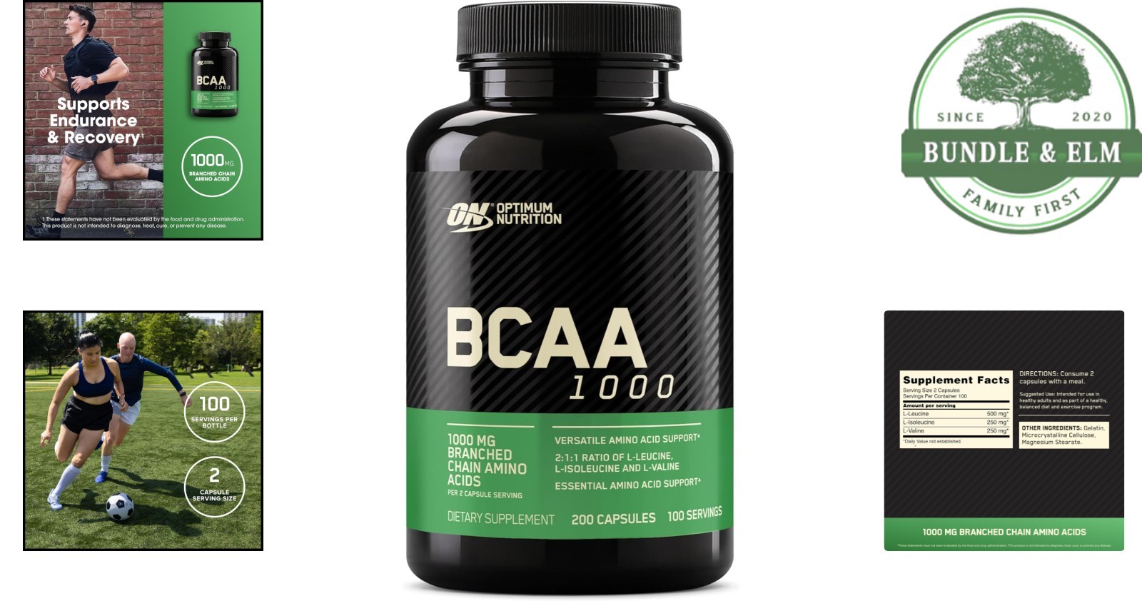 BCAA Amino Acids Capsules for Muscle Recovery, 1000mg, 200 Count Bottle