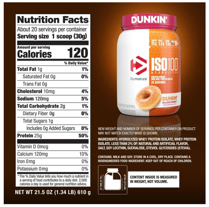 Dymatize ISO100 Hydrolyzed Whey Isolate Dunkin’ Glazed Donut 20 Servings