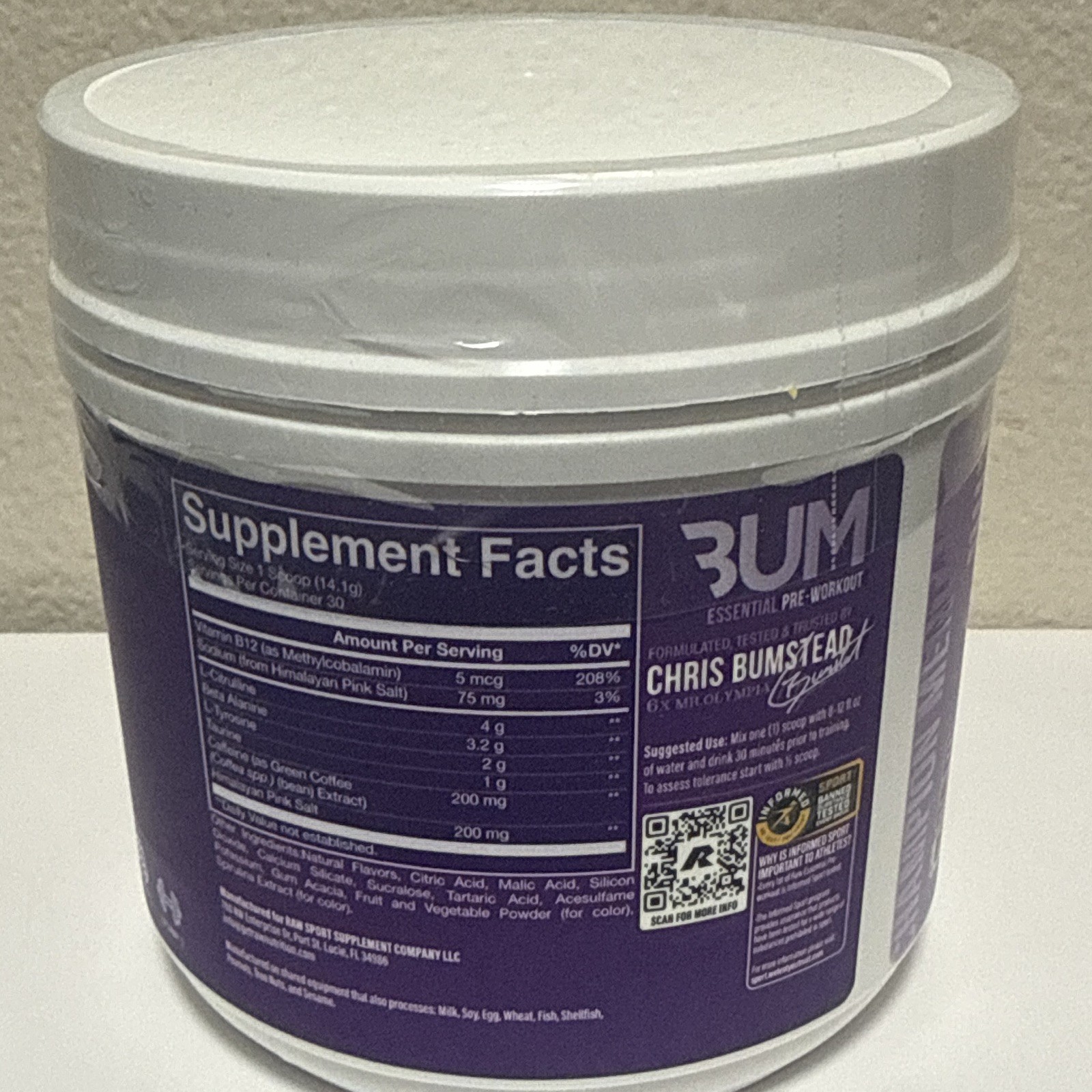 BUM Essentials Essential Pre-Workout Powder Grape 30 Servings 14.1 oz GMP