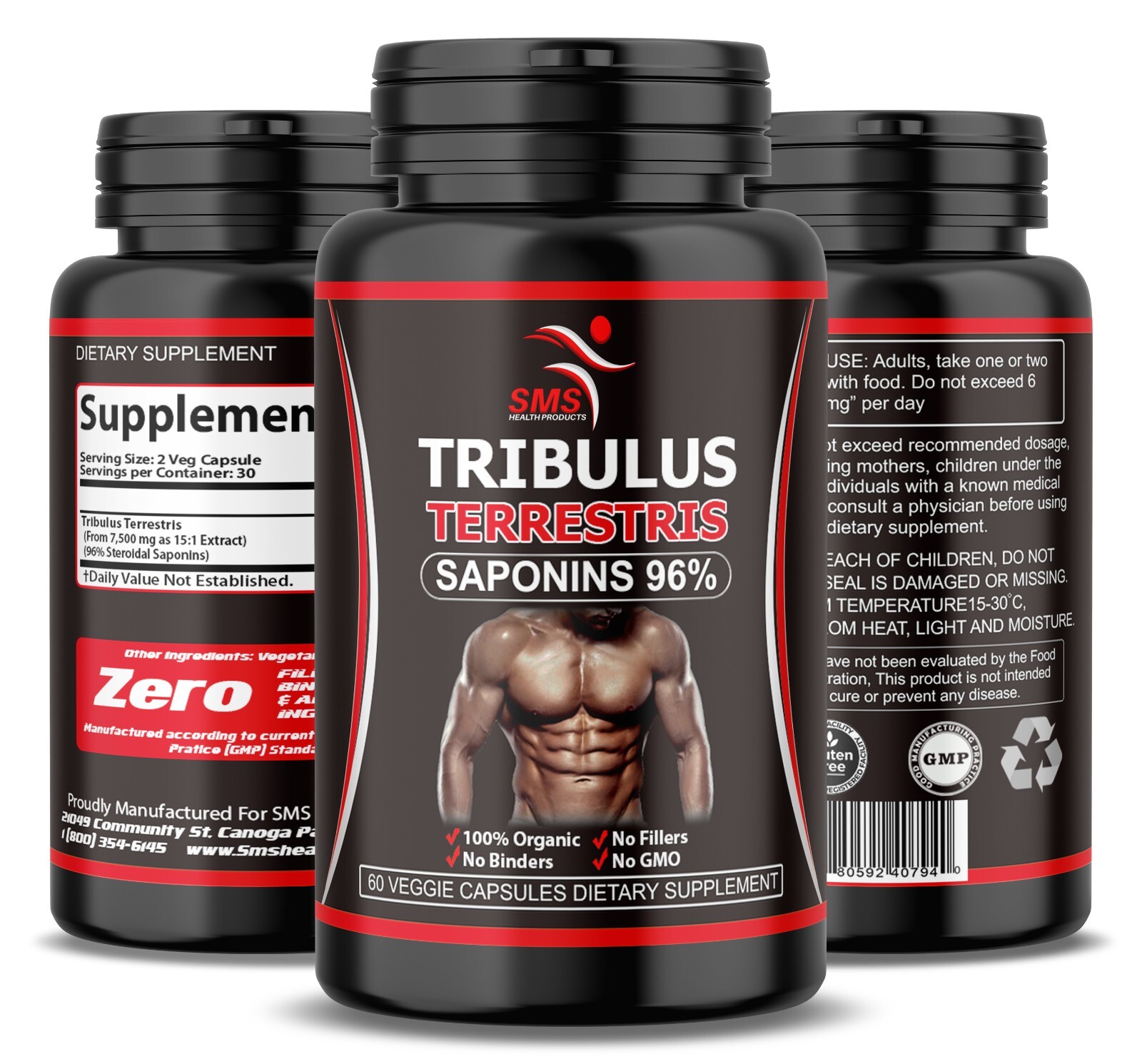 TRIBULUS TERRESTRIS 96% SAPONINS EXTRACT SPORT DIETARY SUPPLEMENT NO GMO 60 Caps