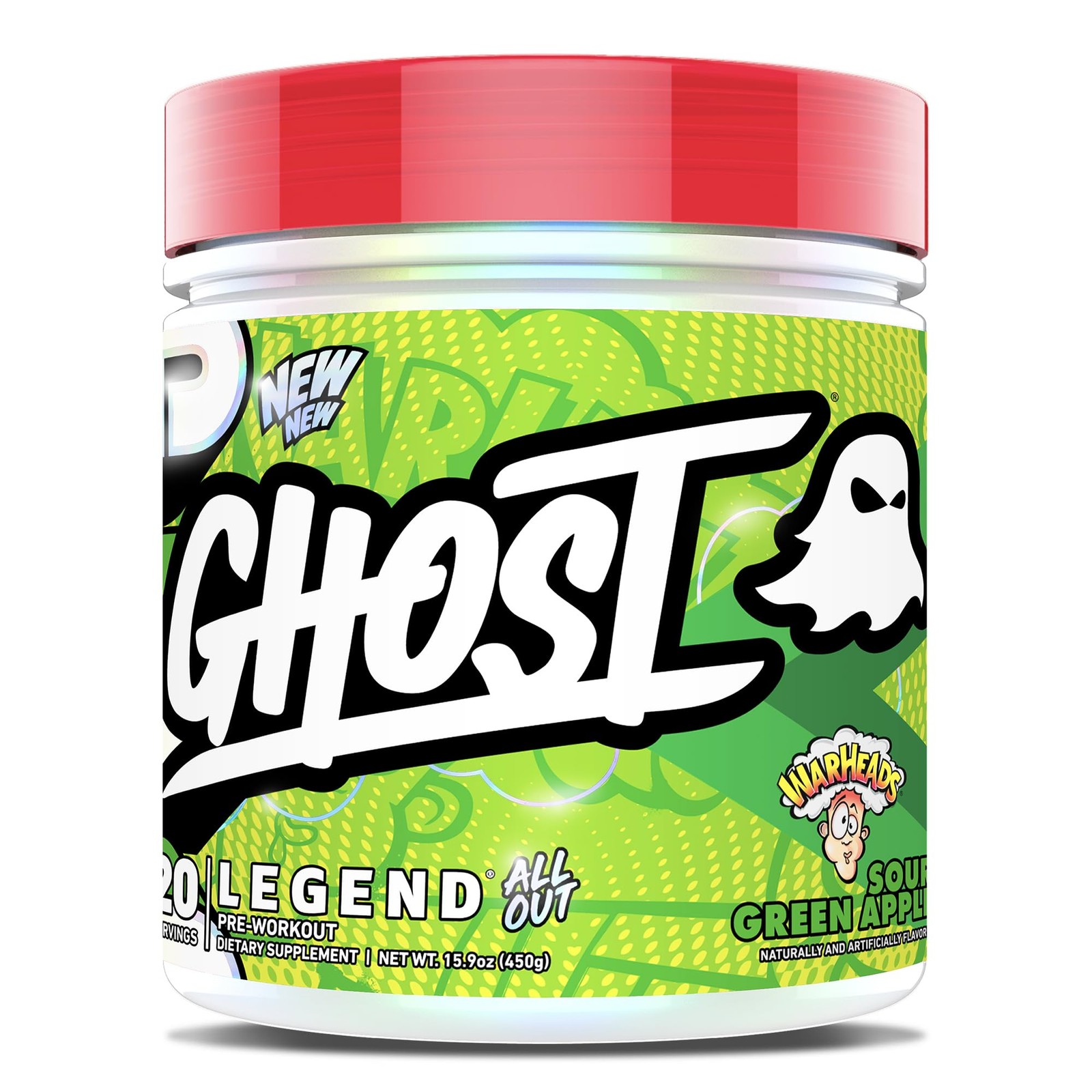 GHOST Legend All Out Pre Workout Powder Warheads Sour Green Apple 20 Servings