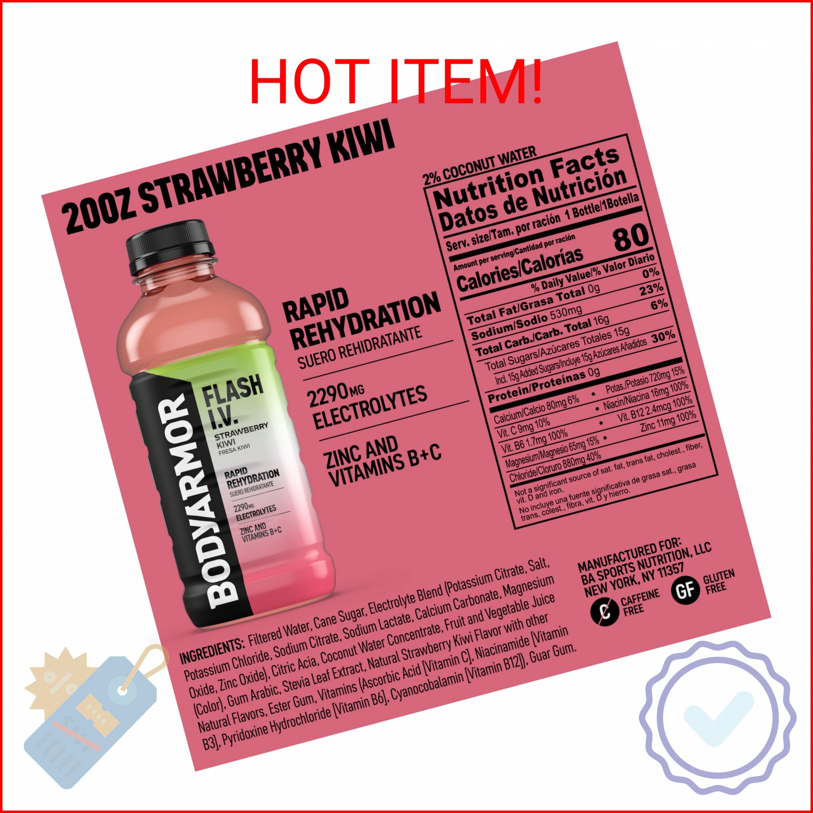 BODYARMOR Flash I.V. Electrolyte Beverage, Strawberry Kiwi, Hydration Drink with