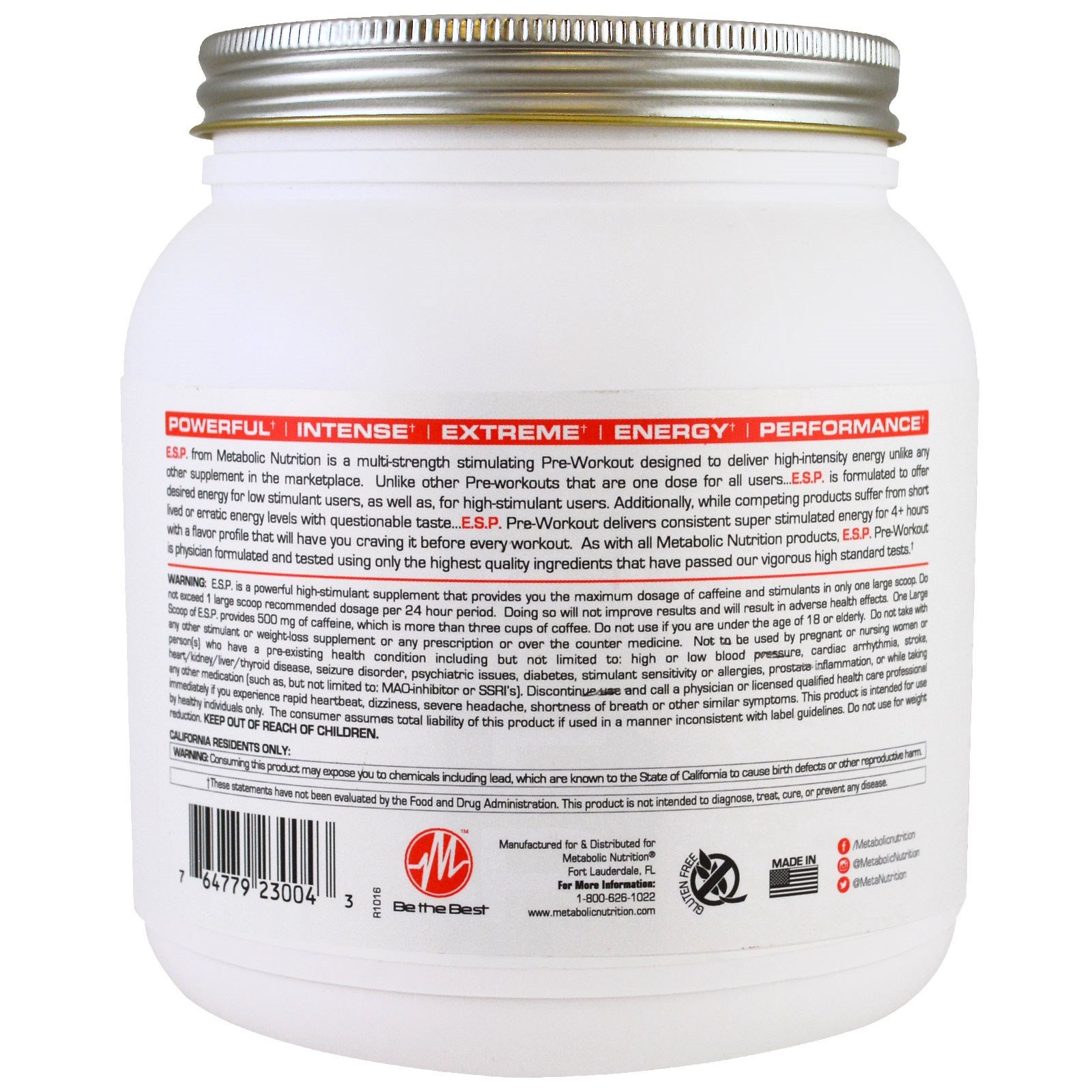 Metabolic Nutrition E S P Pre-Workout Watermelon 300 g Gluten-Free, Sugar-Free