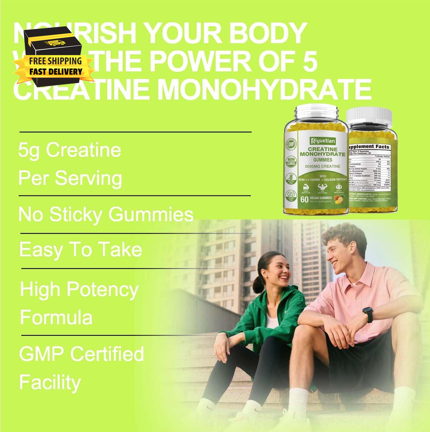 Creatine Monohydrate Gummies, Creatine for Men & Women, Chewable Creatine for En