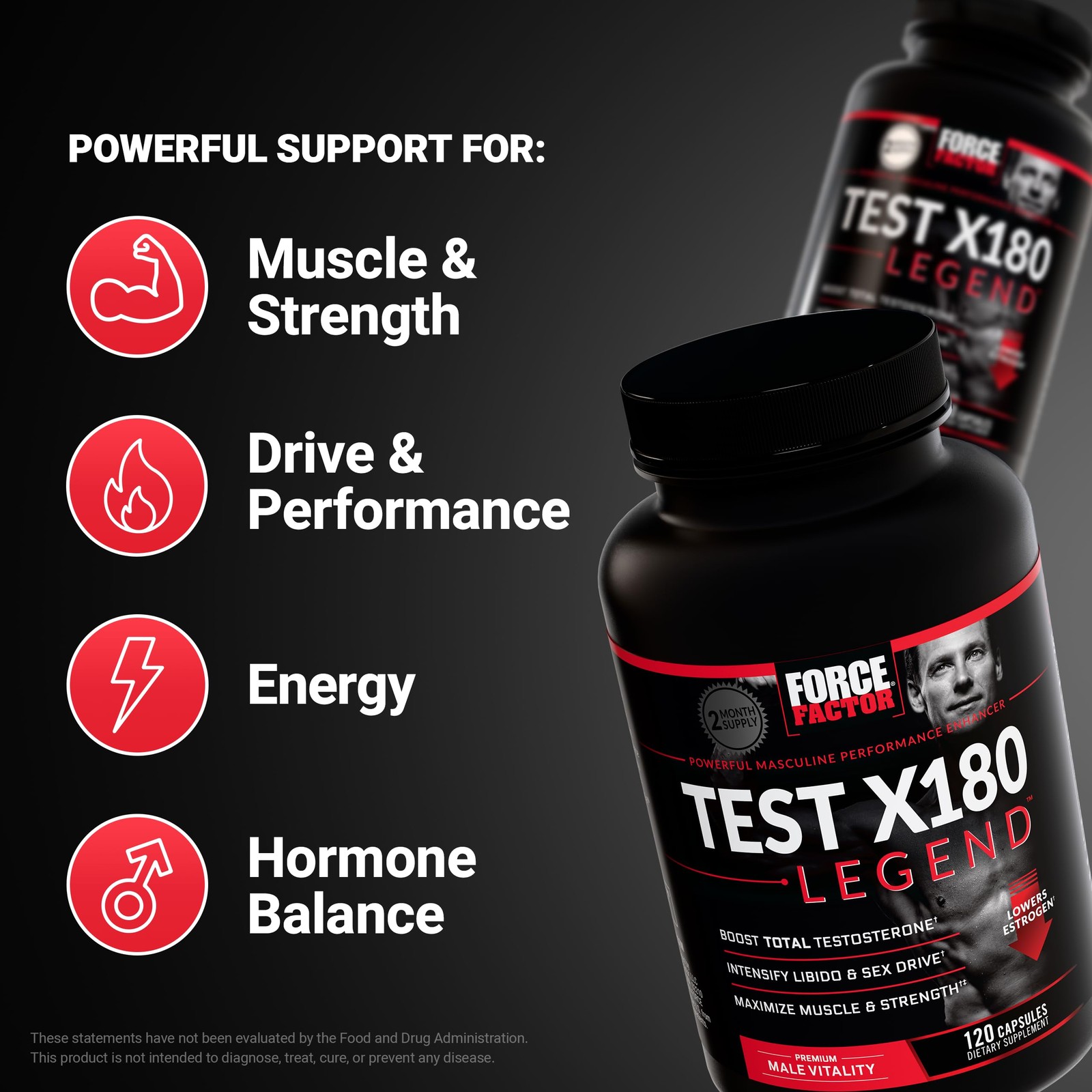 Force Factor Test X180 Legend Testosterone 120 Count (Pack of 1), Black