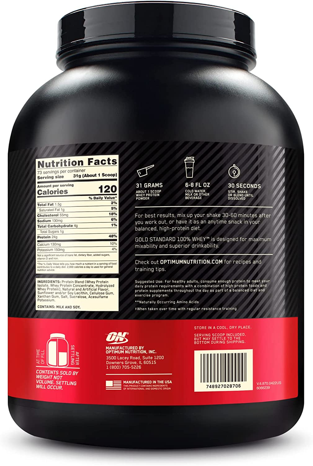 Optimum Nutrition Gold Standard 100% Whey Protein Powder Vanilla Ice Cream 5 Lb