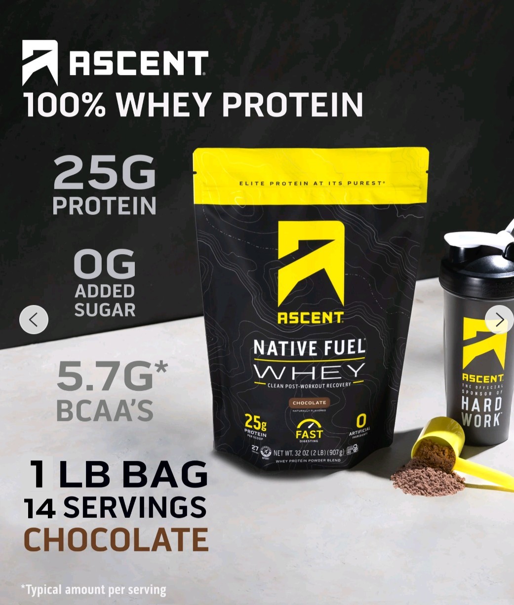 FIVE PACK – -Ascent Native Whey Protein Powder Blend, Chocolate, 1 lb BAGS