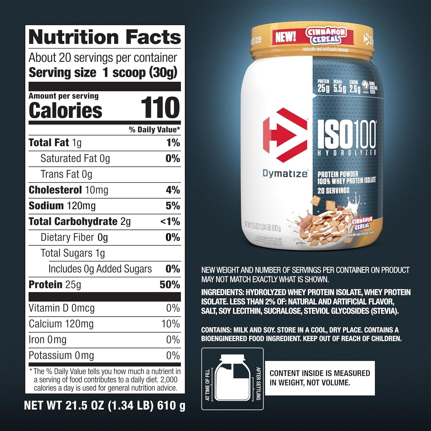 Dymatize ISO100 Whey Protein Isolate Cinnamon Cereal 20 Servings 25g Protein