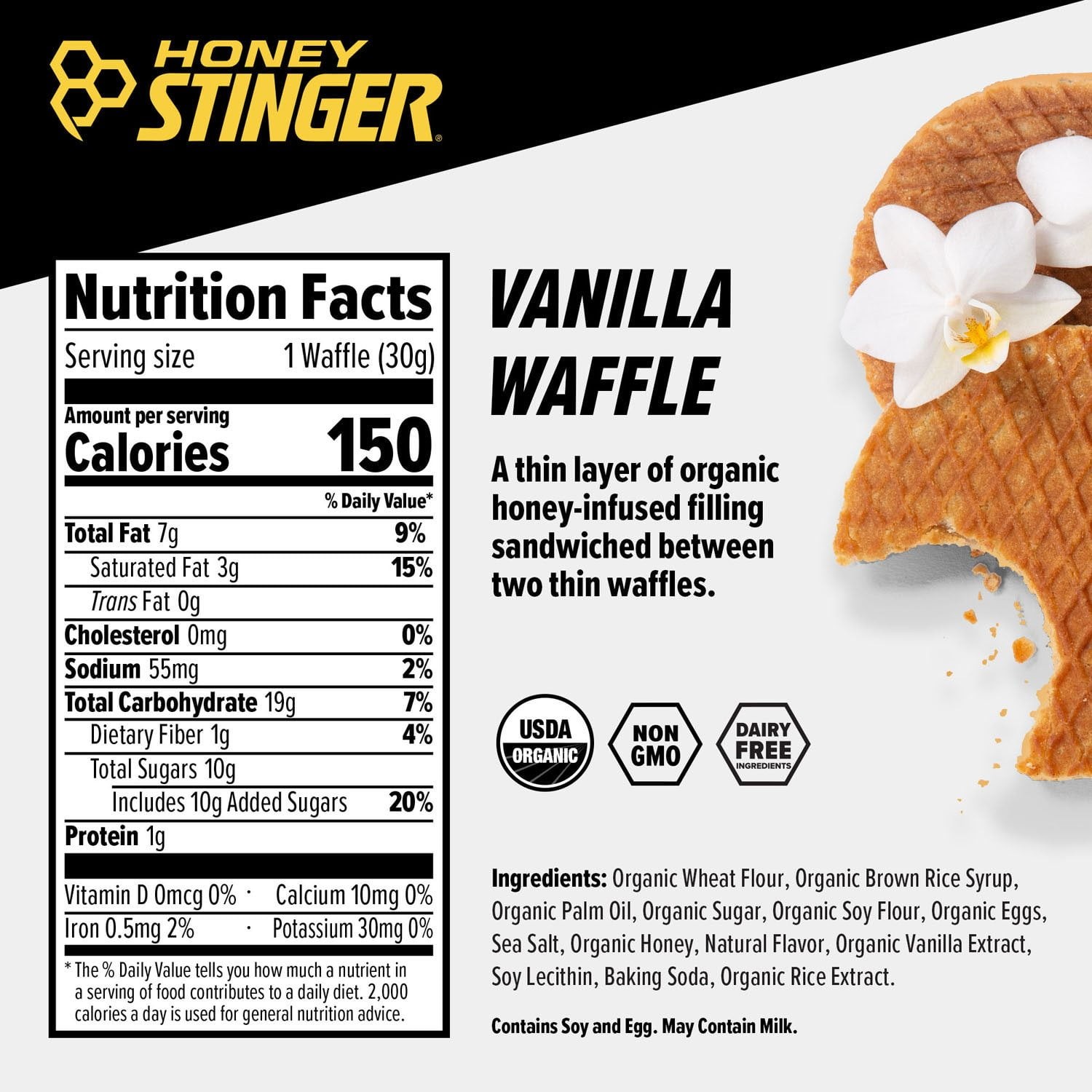 Honey Stinger Organic Energy Waffle, Vanilla, Caffeine Free 1.06 oz., 12 pk.