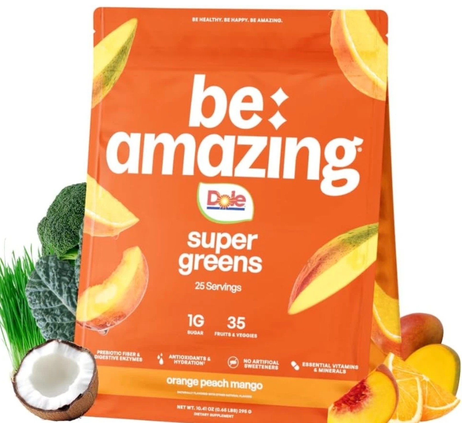 BE Amazing SUPER GREENS 11 oz (25 Serv) Natural Orange Peach Mango BESTBY 10/26