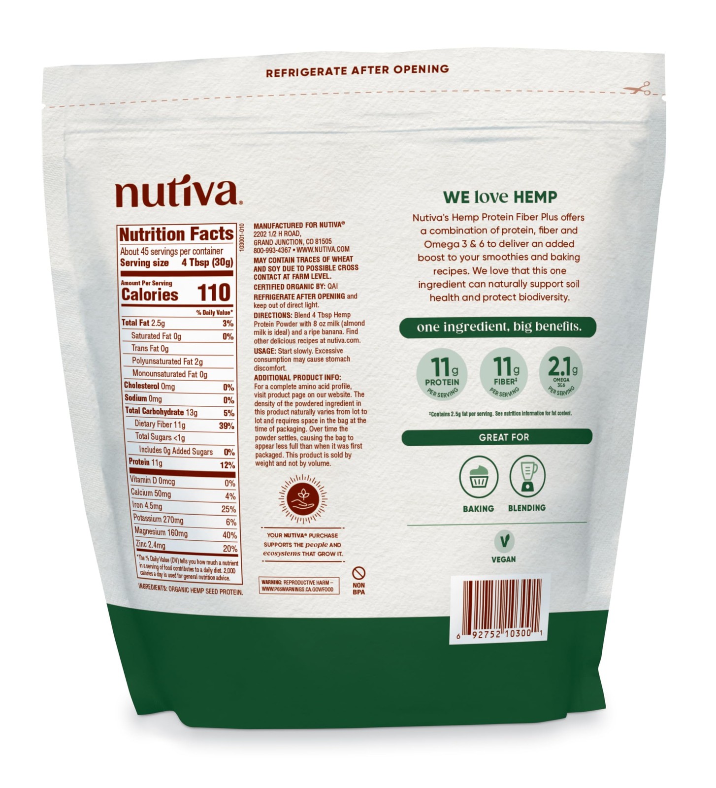 Nutiva Usda Organic Cold-Pressed Hemp Seed Plant Protein Power 3 Pound Fiber