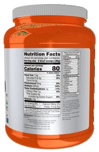 NOW Sports Organic Pea Protein Powder Unflavored 15g Protein 1.5lb Non-GMO