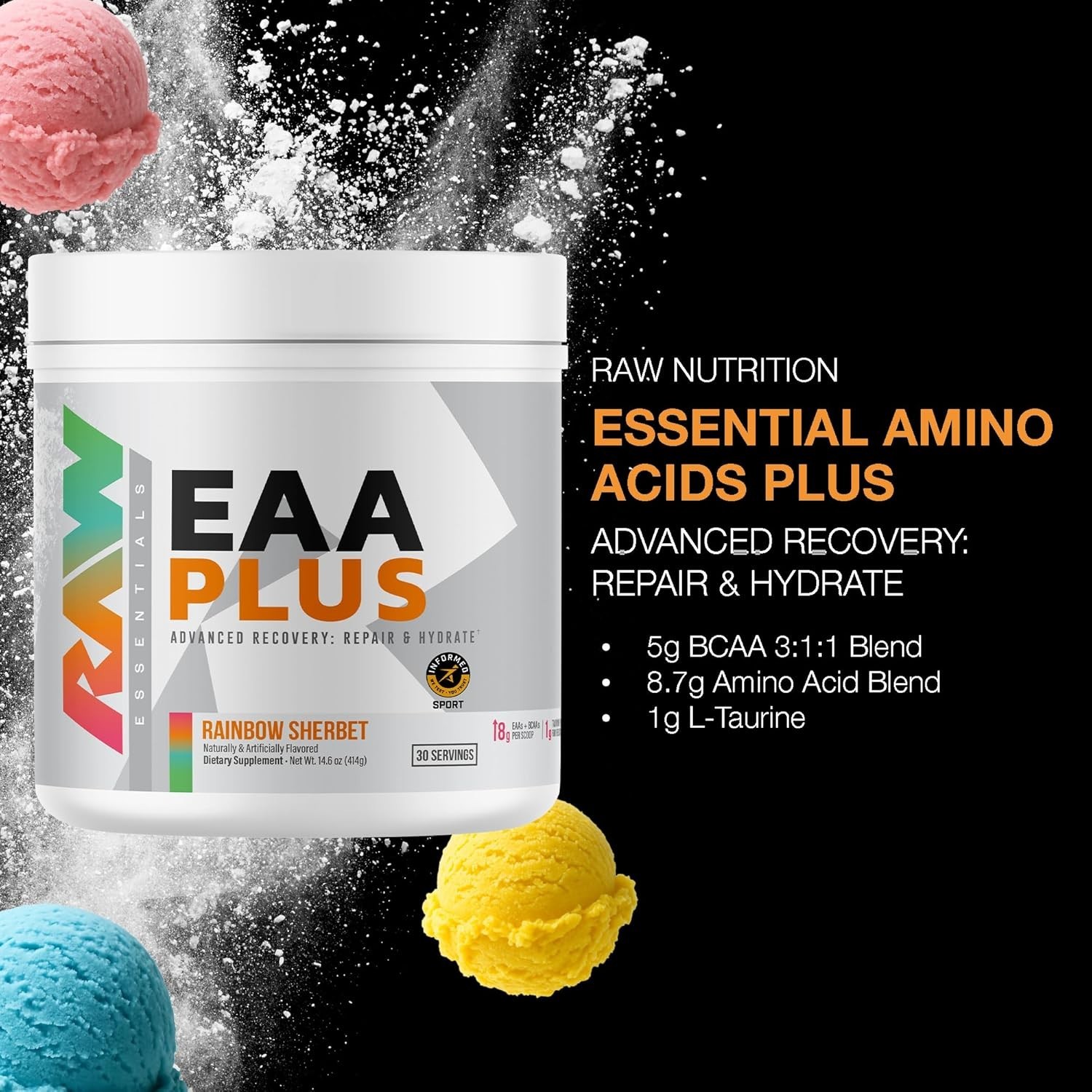 RAW EAA Plus Amino Acid Hydration Electrolytes Powder 30 Servings 3 Flavors New