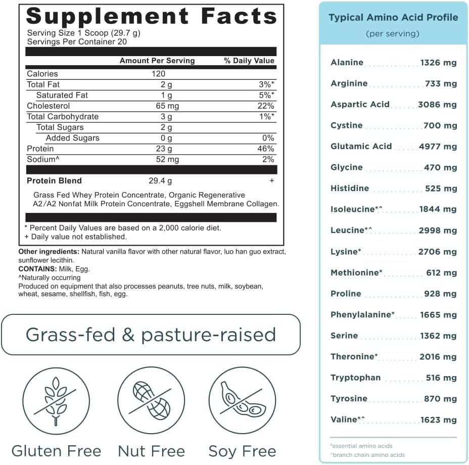 Ancient Nutrition Grass Fed Whey Protein Vanilla Bean 23g 20 Servings Collagen