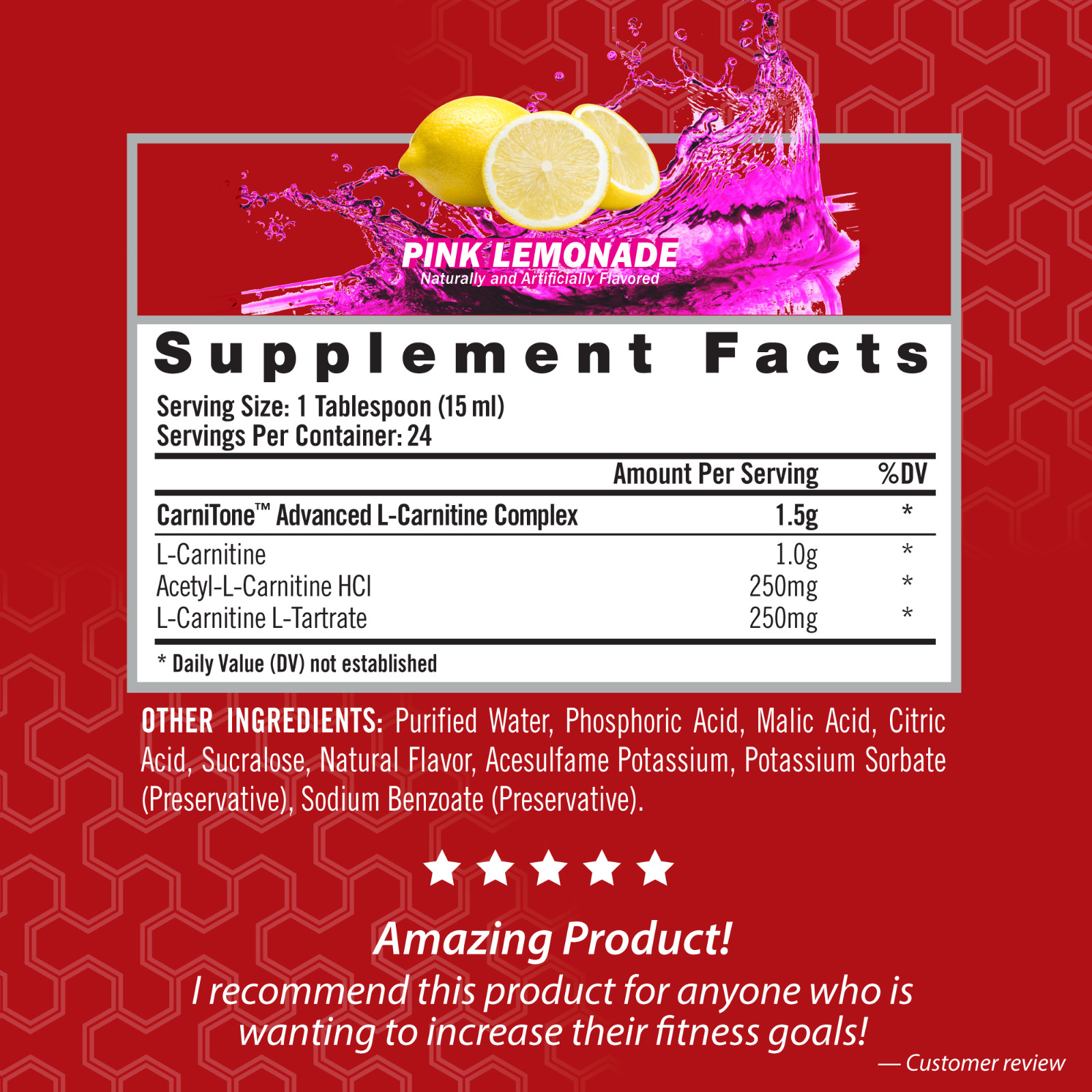 L-CARNITINE Fat Loss – Metabolism Activator – Pink Lemonade 1500mg / 24 Servings
