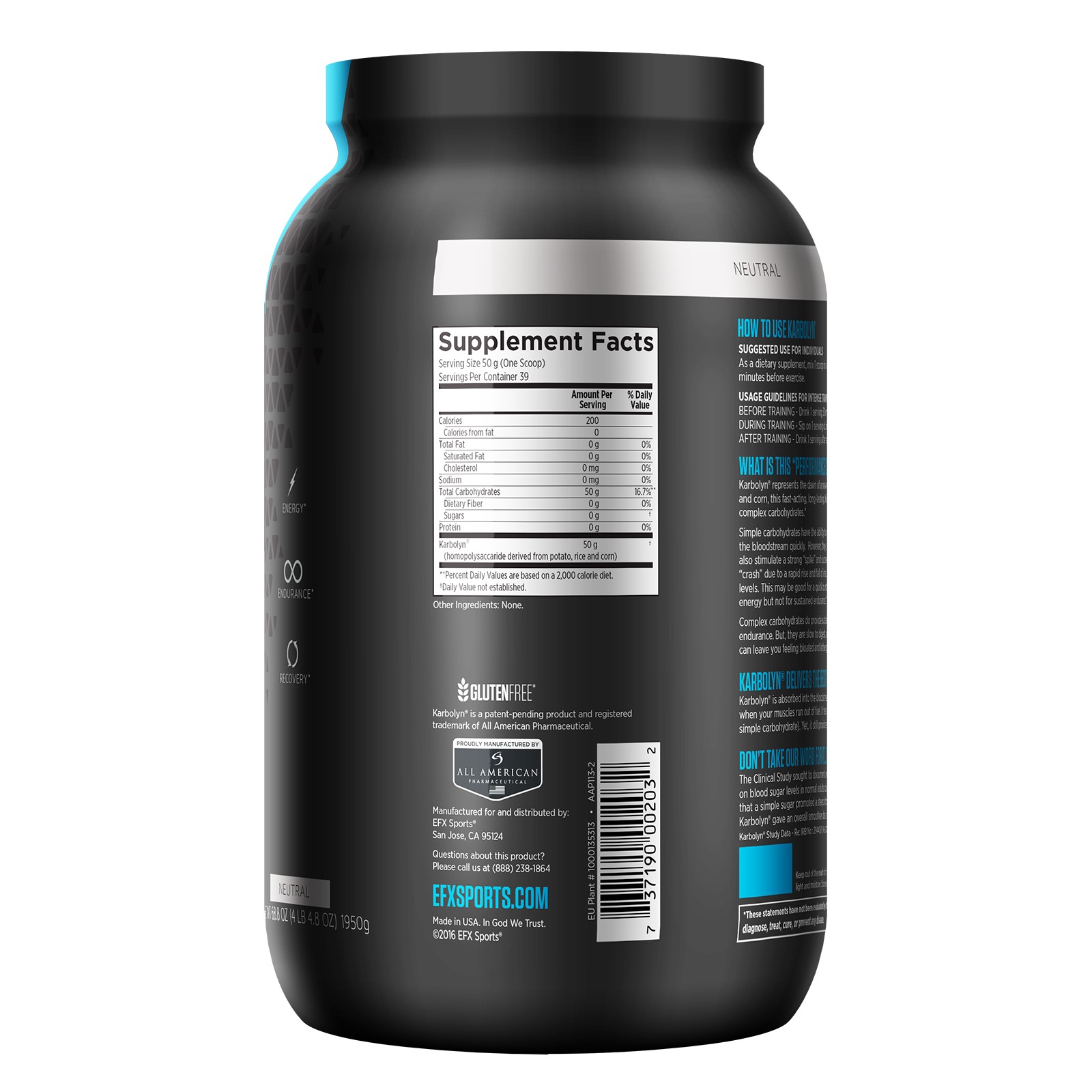 EFX Sports Karbolyn Fuel Neutral 68 8 oz 1950 g Gluten-Free, Informed Sport,