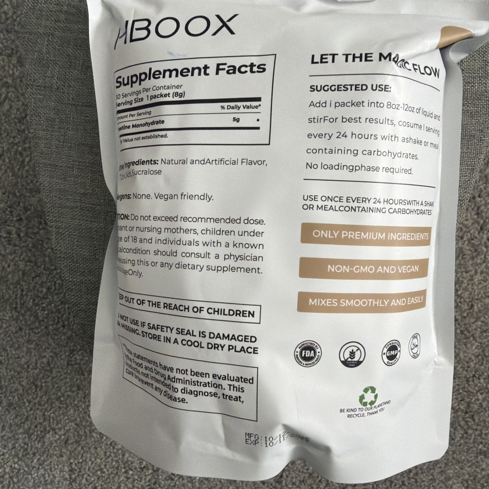 HBOOX Creatine Monohydrate 2 packs 30 Stick Packs 8g Exp 10/2027