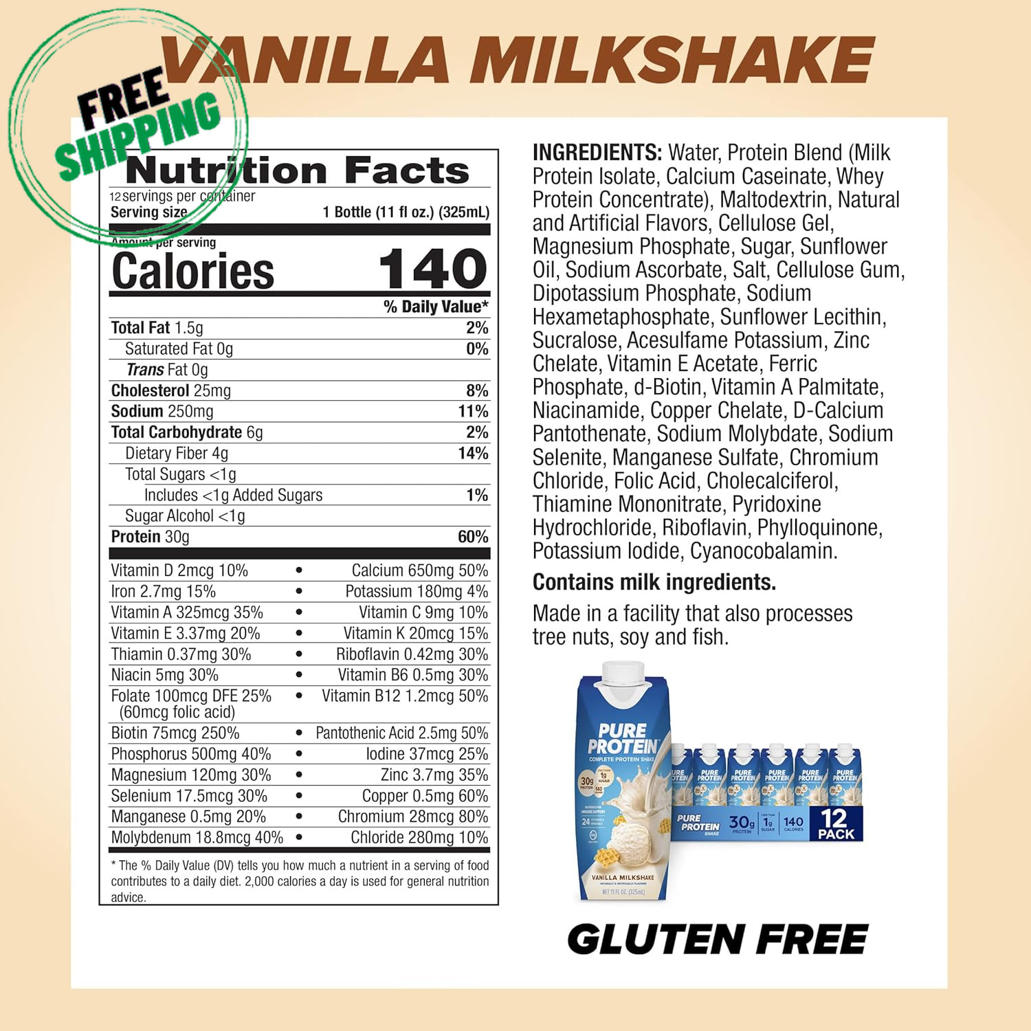 Pure Protein Vanilla Protein Shake, 30G Complete Protein, Vitamins A, C, D, and