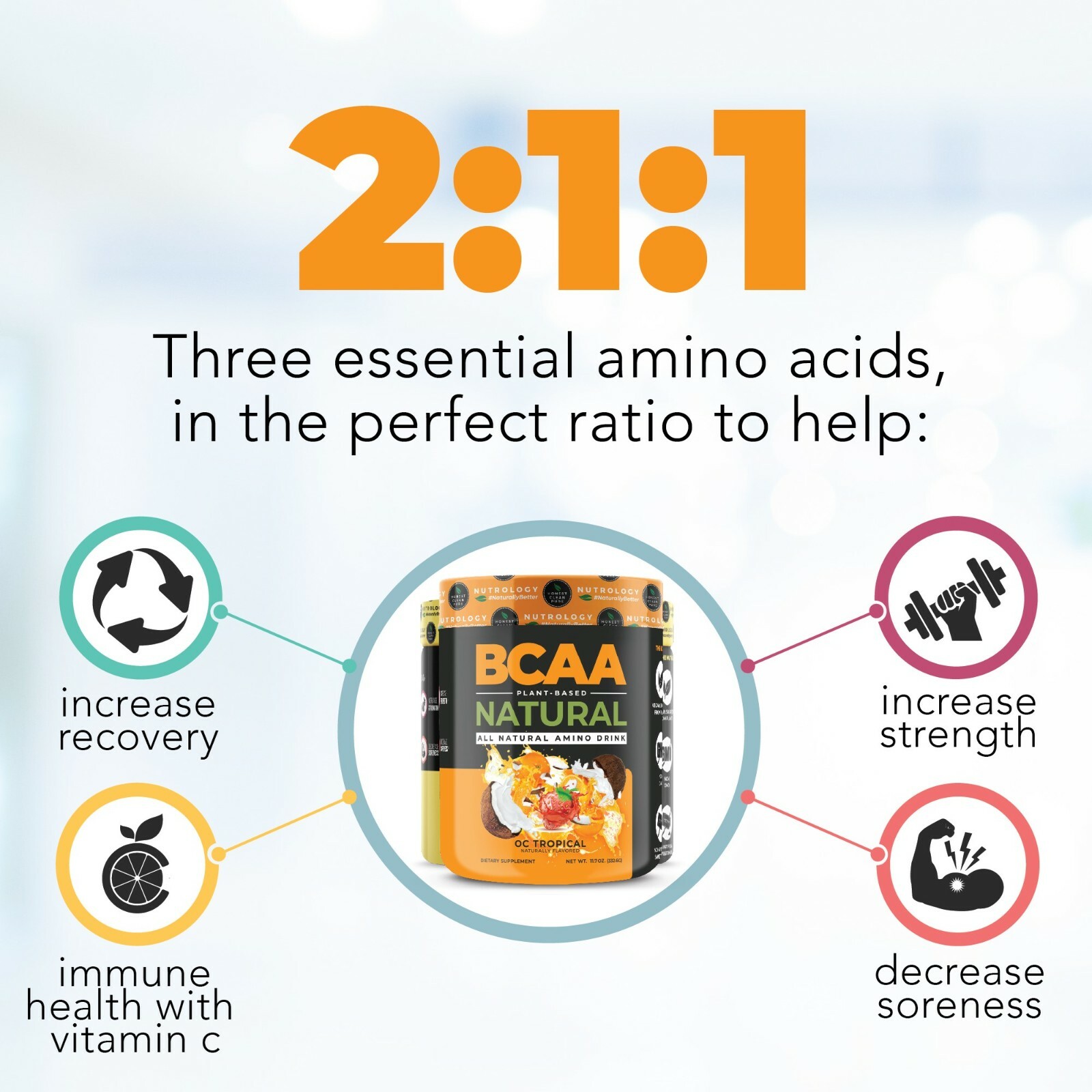 BCAA Natural-Non-GMO-Plant-Sourced Amino Acid Drink – OC Tropical (30 Servings)