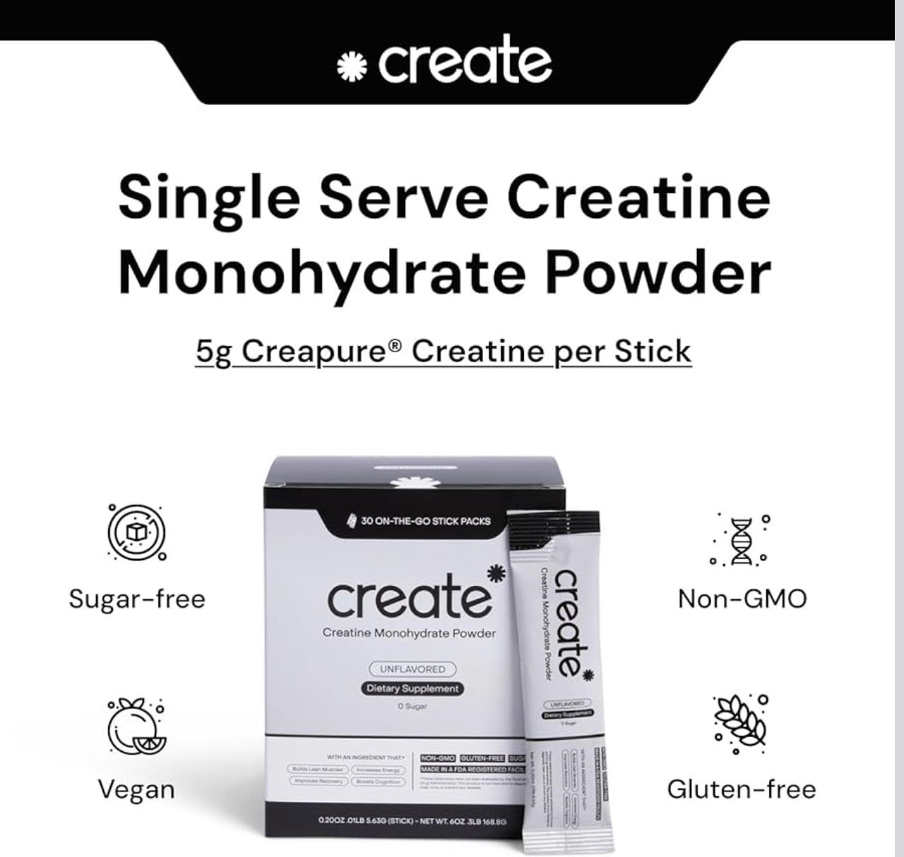Create Single Serve Creatine Monohydrate Powder–30 PCS ea, 5.4g Exp.08/27