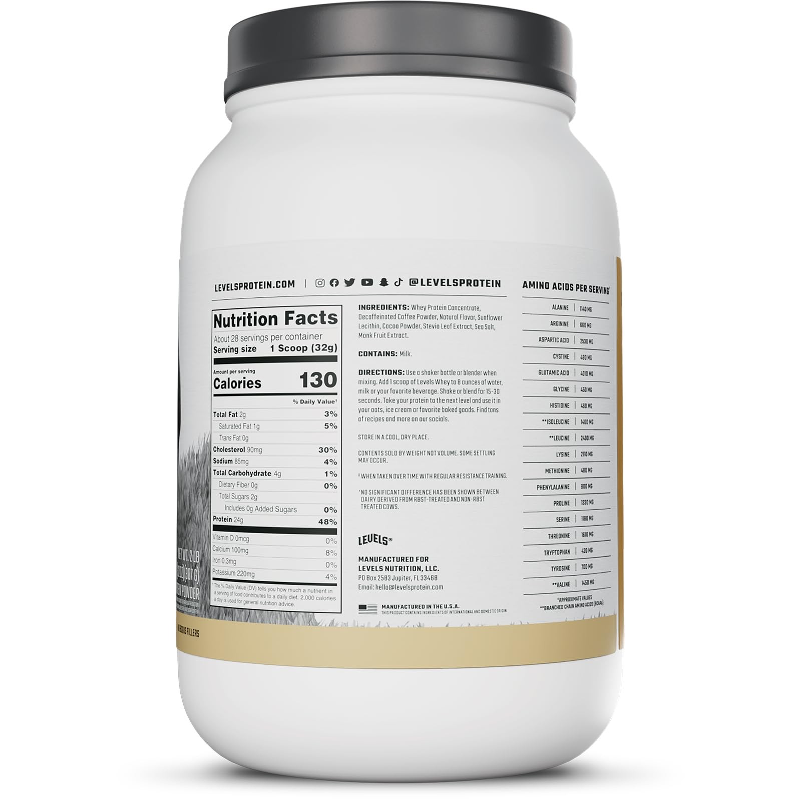 Levels Grass Fed Whey Protein Powder No Artificials 24G of Protein Cappuccino…