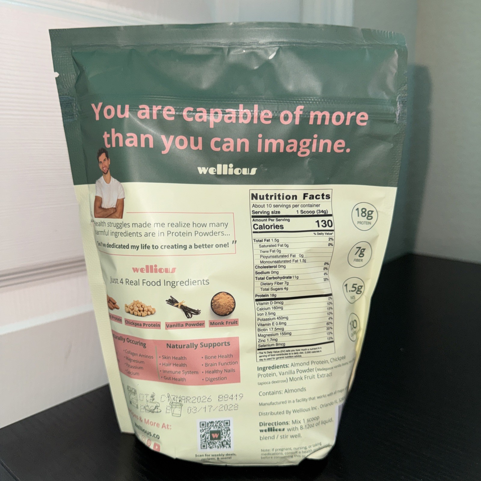 Wellious Almond Protein Powder Vegan, Real Vanilla, 12 oz (340g) -New Sealed