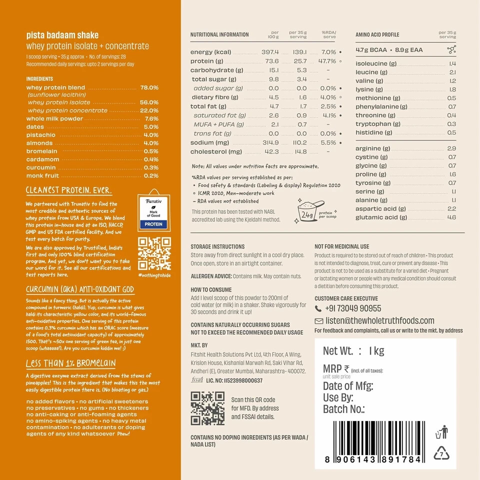 The Whole Truth Whey Protein Isolate+Concentrate | Pista Badaam Shake 1 kg (2.2
