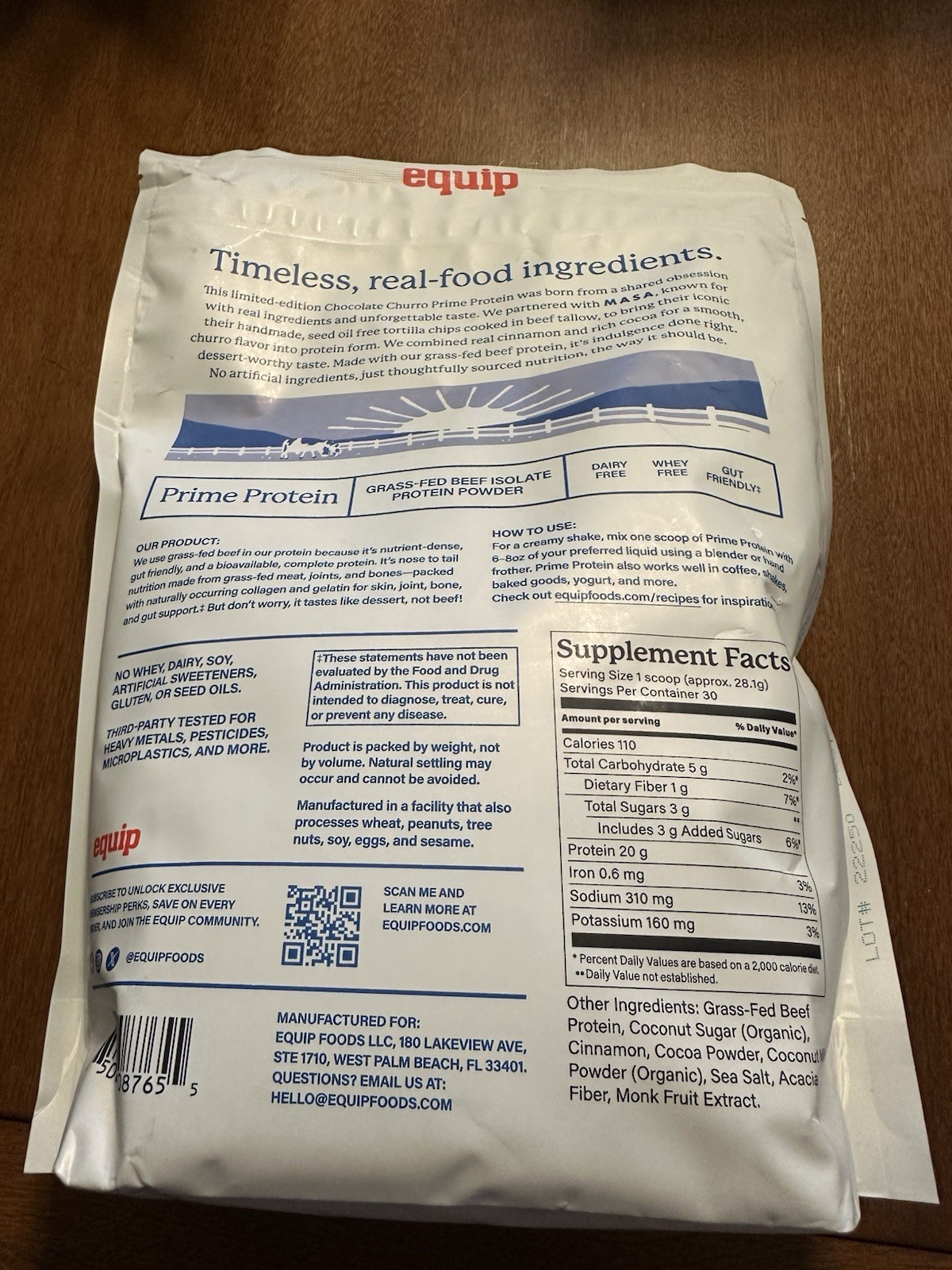 Equip Prime Protein Grass-Fed Beef Isolate Powder MASA Chocolate Churro 4/28