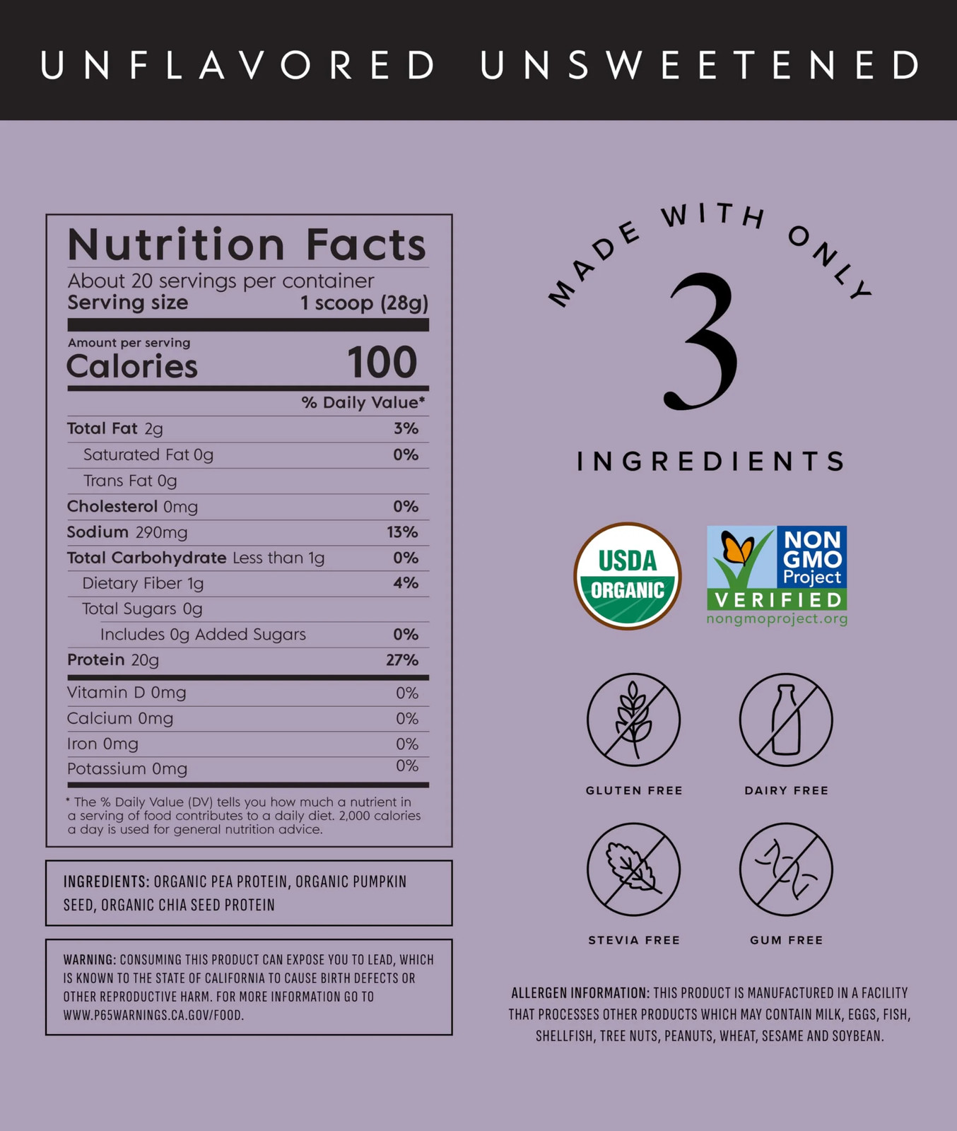 Truvani Organic Unflavored Plant Protein Powder, 19.75 Ounce Container
