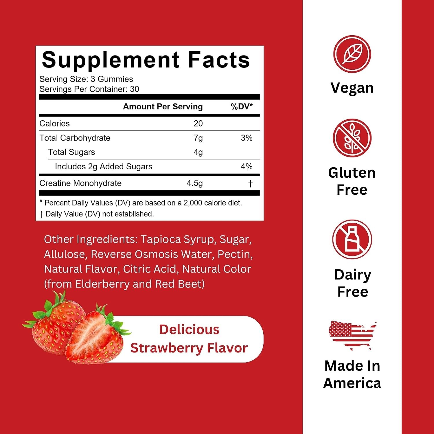 Natural Creatine Gummies for Strength & Recovery – Strawberry Flavor, 90 Gummies