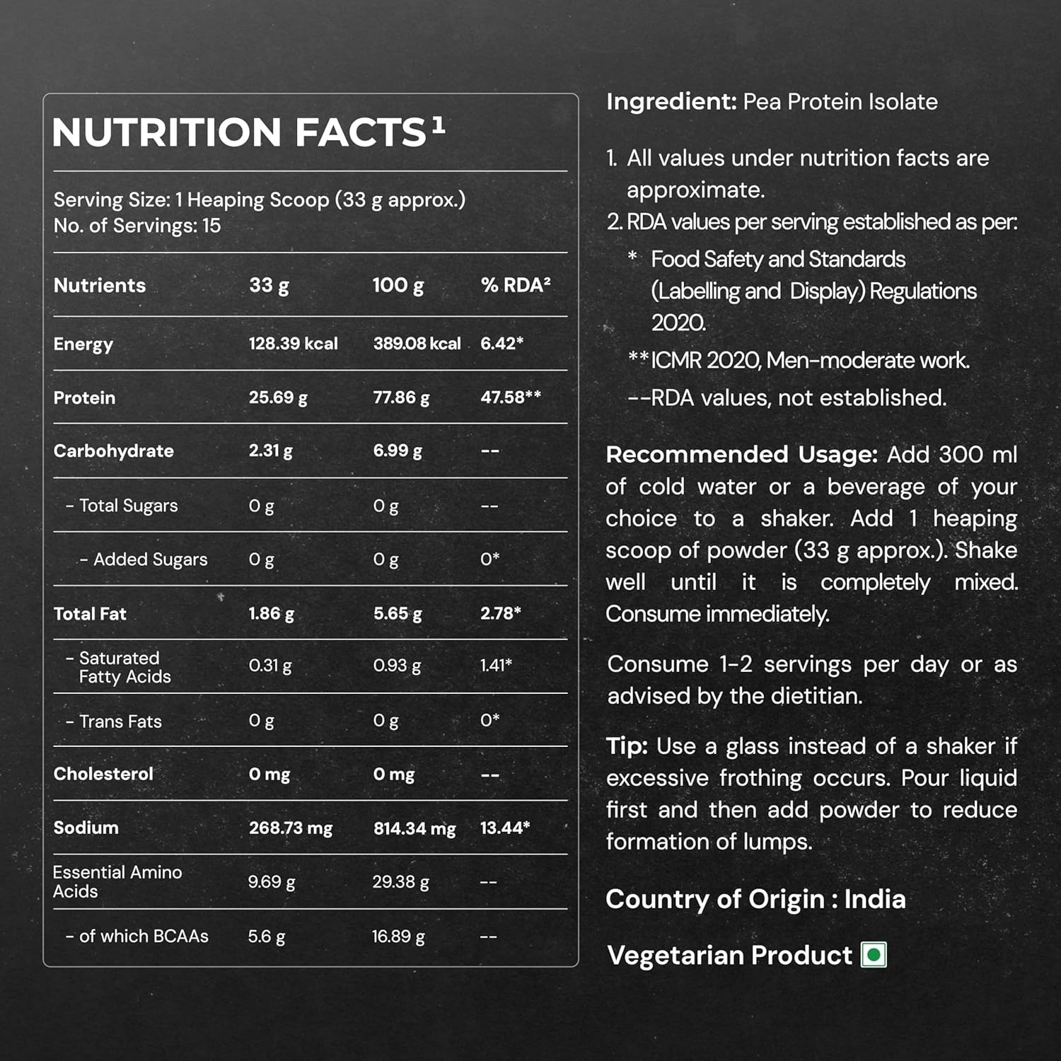 Pure Pea Protein Isolate – 25.3g Protein, 5g BCAA -500g Unflavoured, 15 Servings