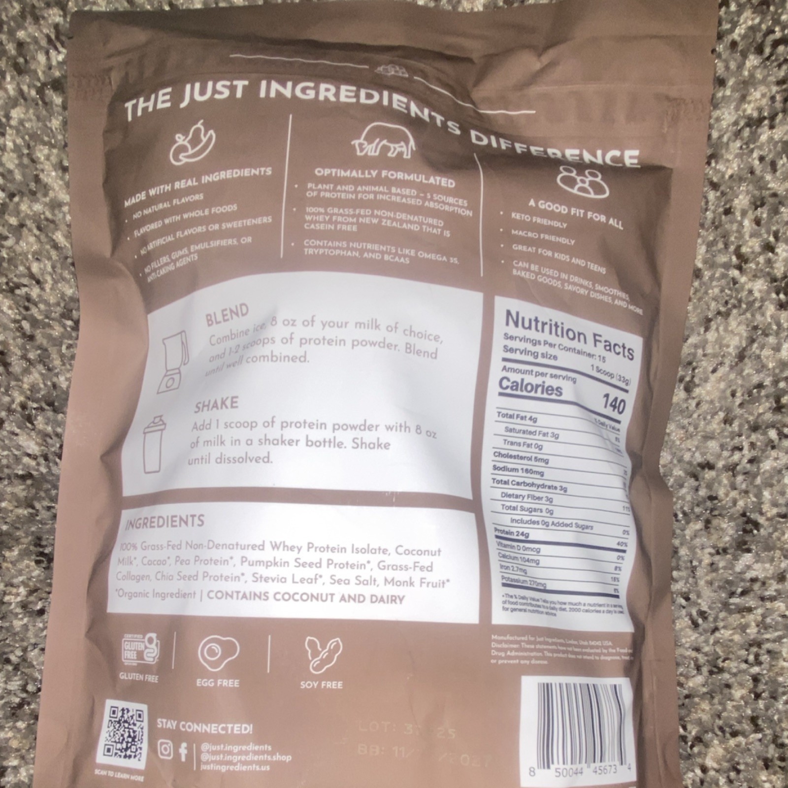 Just Ingredients Chocolate Protein Powder Casein-Free Keto Friendly 17.46oz