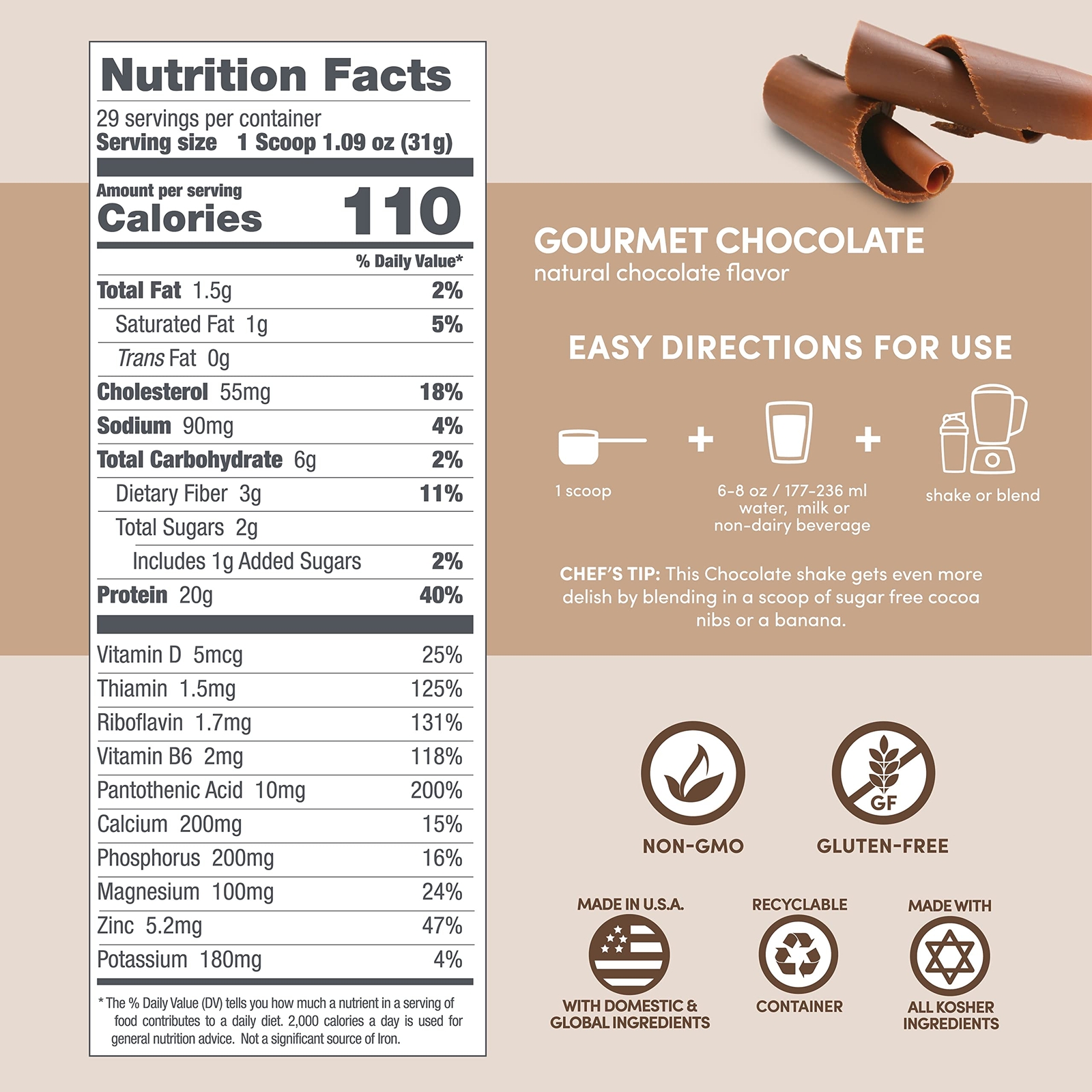 Gourmet Chocolate Protein Supplement Powder 29 Servings Natural Protein 20g
