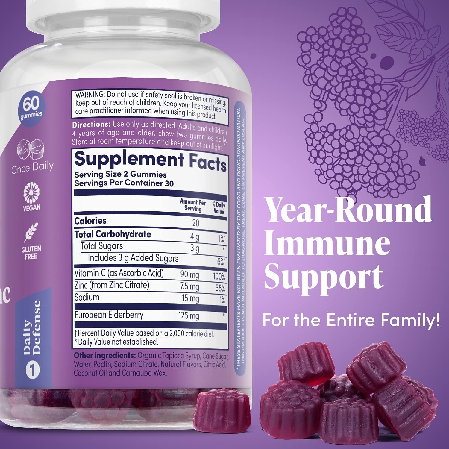 Elderberry Zinc & Vitamin C Gummies for Immune System Support (60ct)