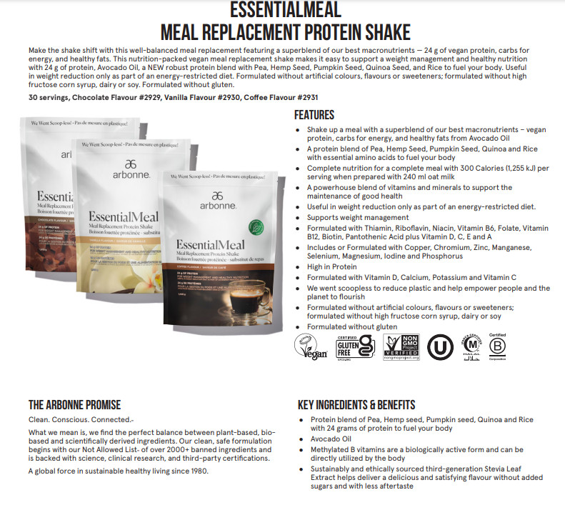 Arbonne Vegan – Low Sugar – MEAL REPLACEMENT (1 Bag of Choice) – FREE SHIPPING