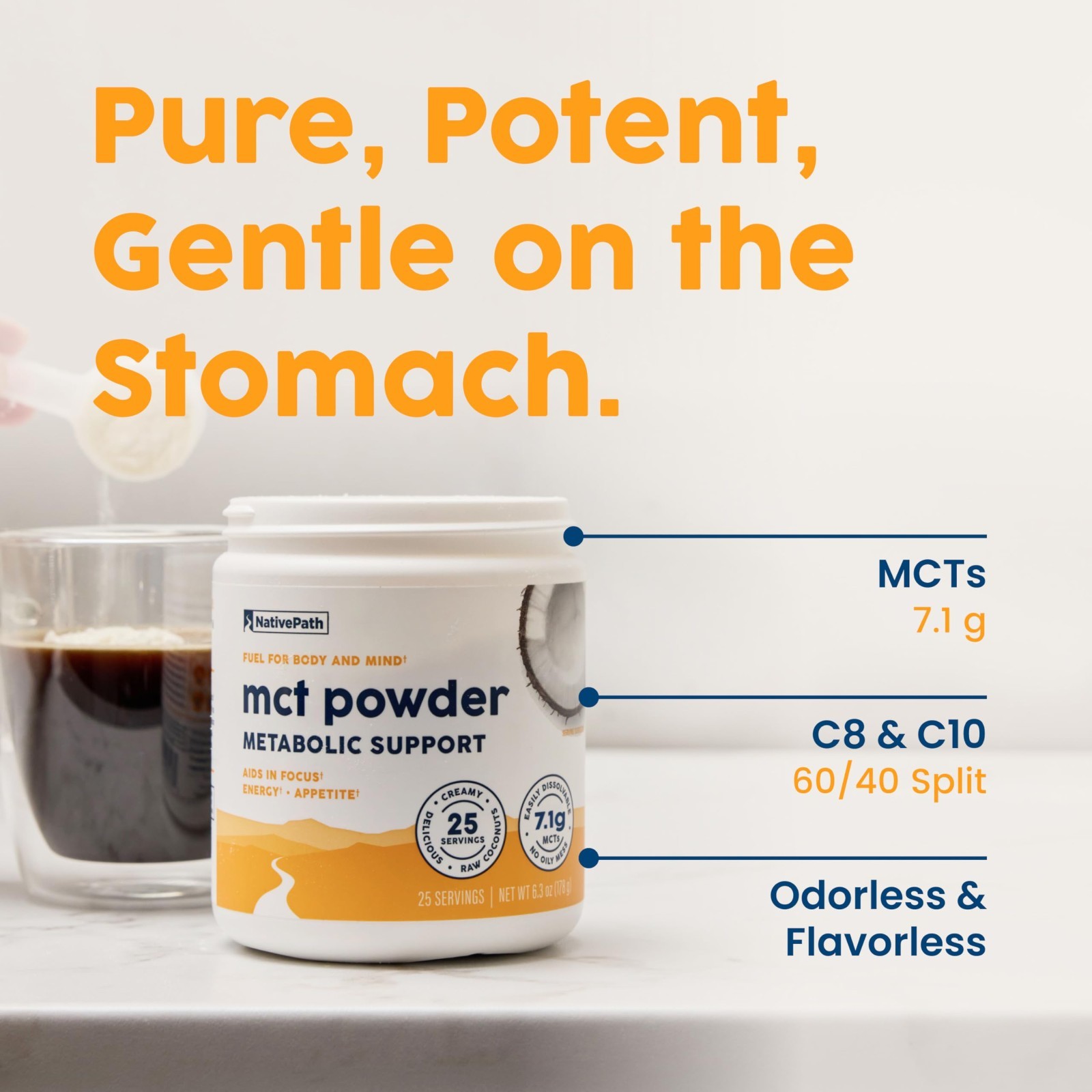 Keto MCT Oil Powder Unflavored, C8 & C10, 25 Servings, Coconut-Based, Dairy-Free
