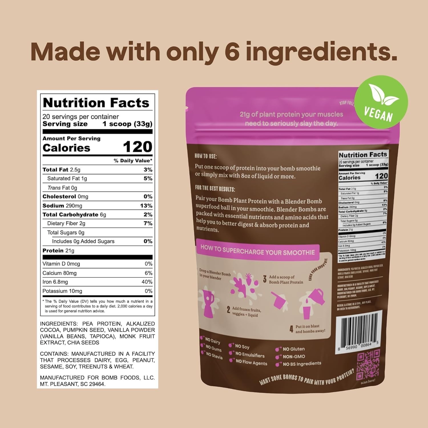 The Bomb Co. Bomb Plant, Protein Powder with 21g Protein Zero Sugar Chocolate..
