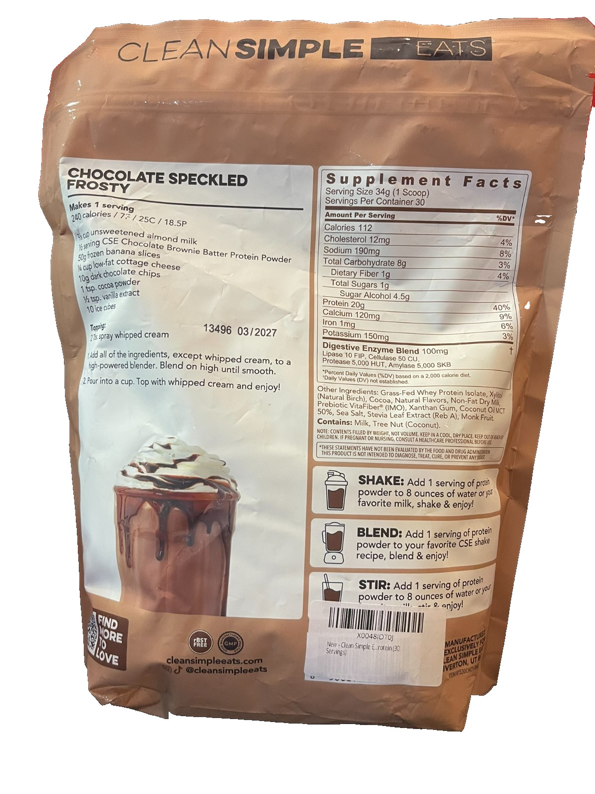 2 Pack Clean Simple Eats Whey Protein Powder Chocolate Brownie 36 Oz/30 Servings
