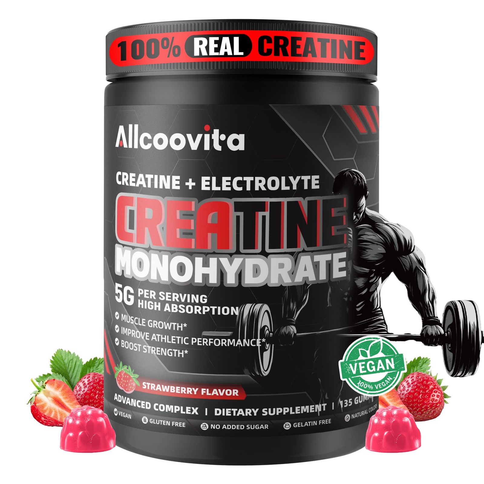 Allcoovita NSF Certified Creatine Gummy 5g 135 Count (Pack of 1), Strawberry