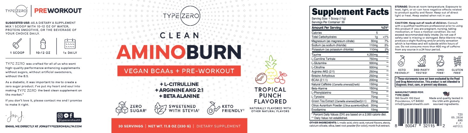 Type Zero AminoBurn – Natural Pre Workout + BCAA (Fruit Punch | 30serv)
