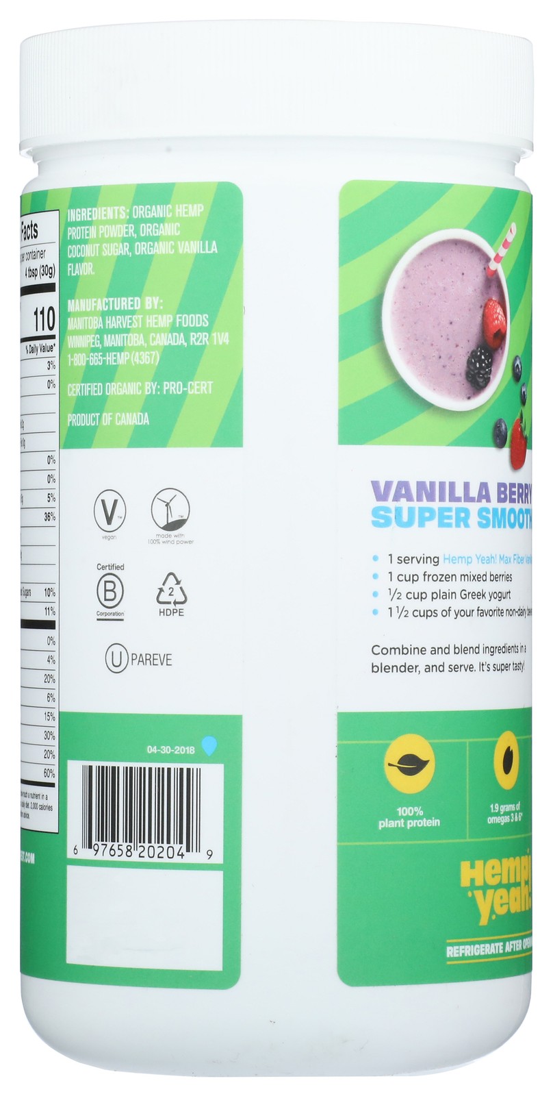 Organic Manitoba Harvest Hemp Protein Vanilla 16 Oz Powder 1 Pack