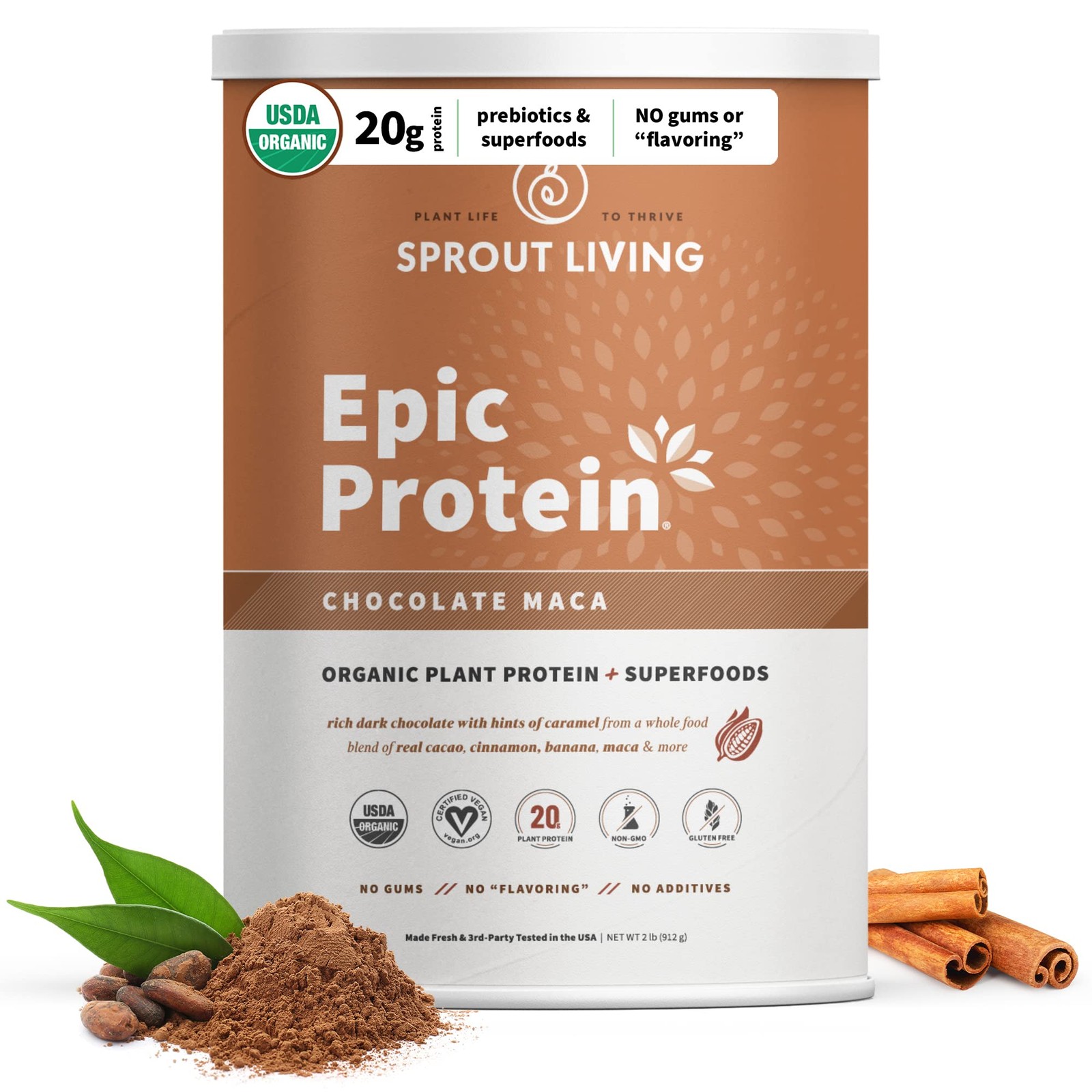 Sprout Living Epic Protein Powder, Chocolate Maca, Plant Based, Superfoods, 2lb