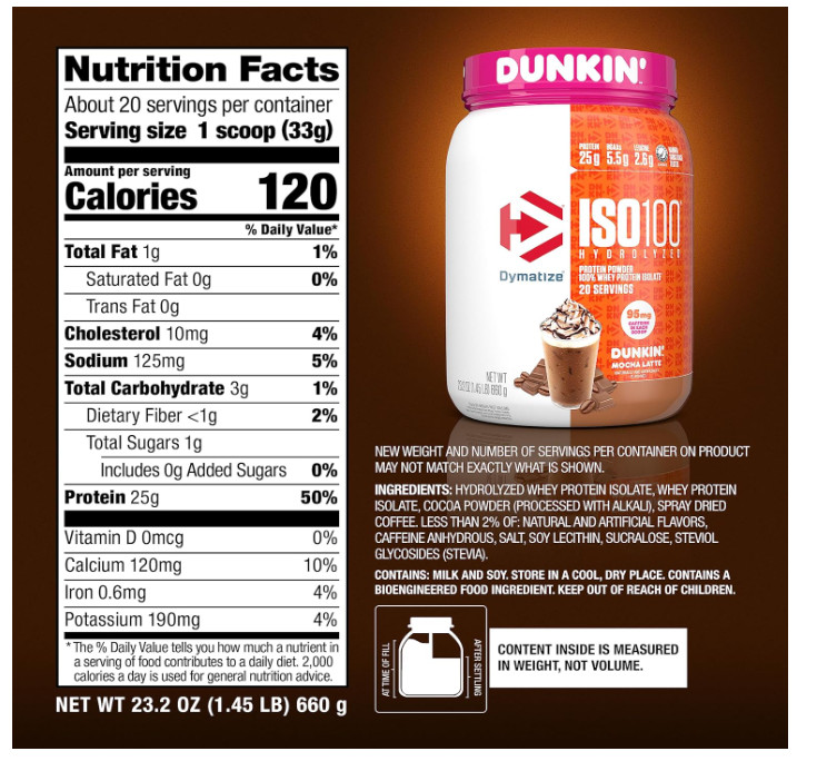Dymatize Dunkin Mocha Latte ISO100 25g Protein 20Sv Caffeine