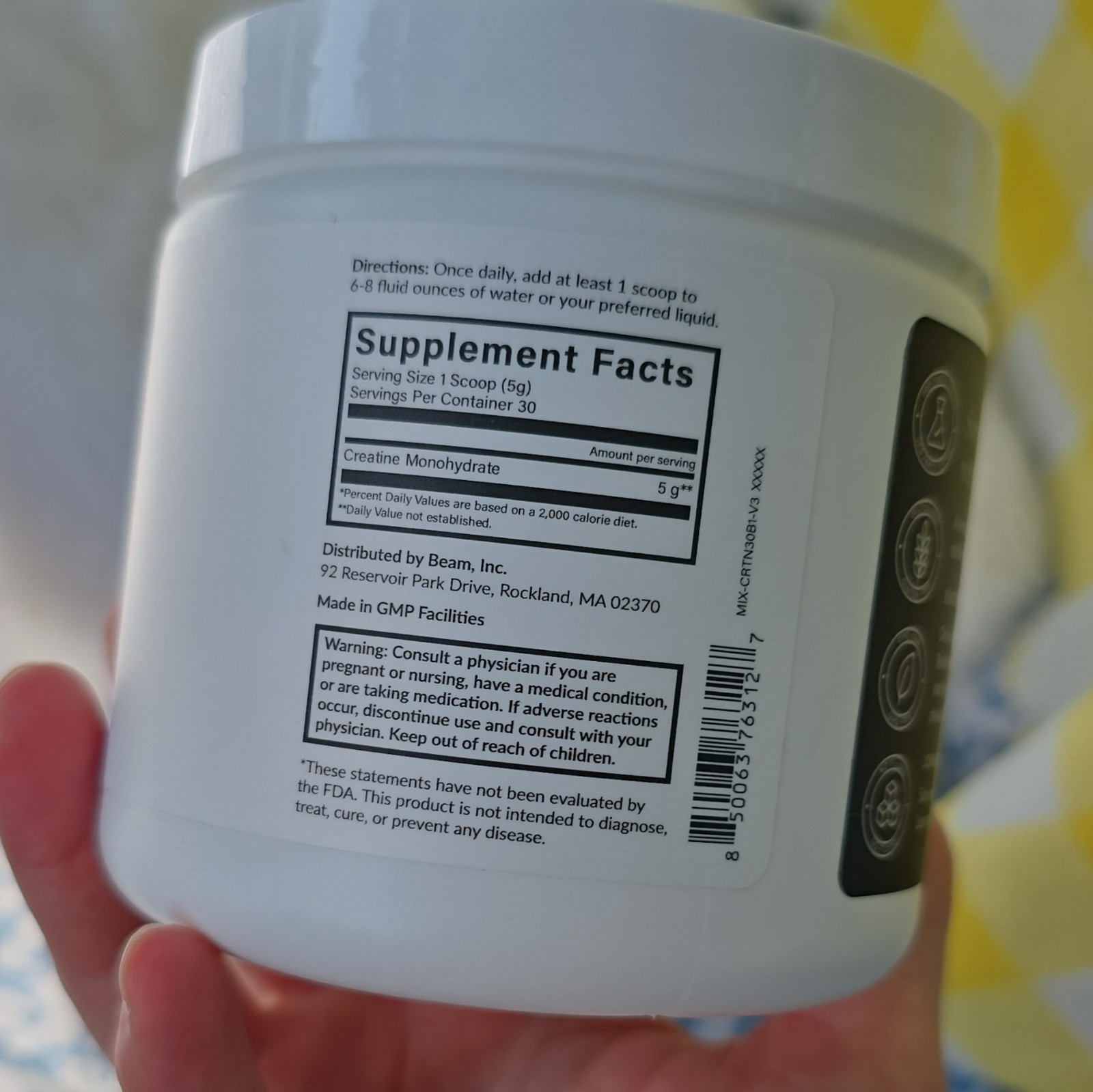 beam Creatine Monohydrate Unflavored Powder 5.29 oz (150g) Exp 07/2027