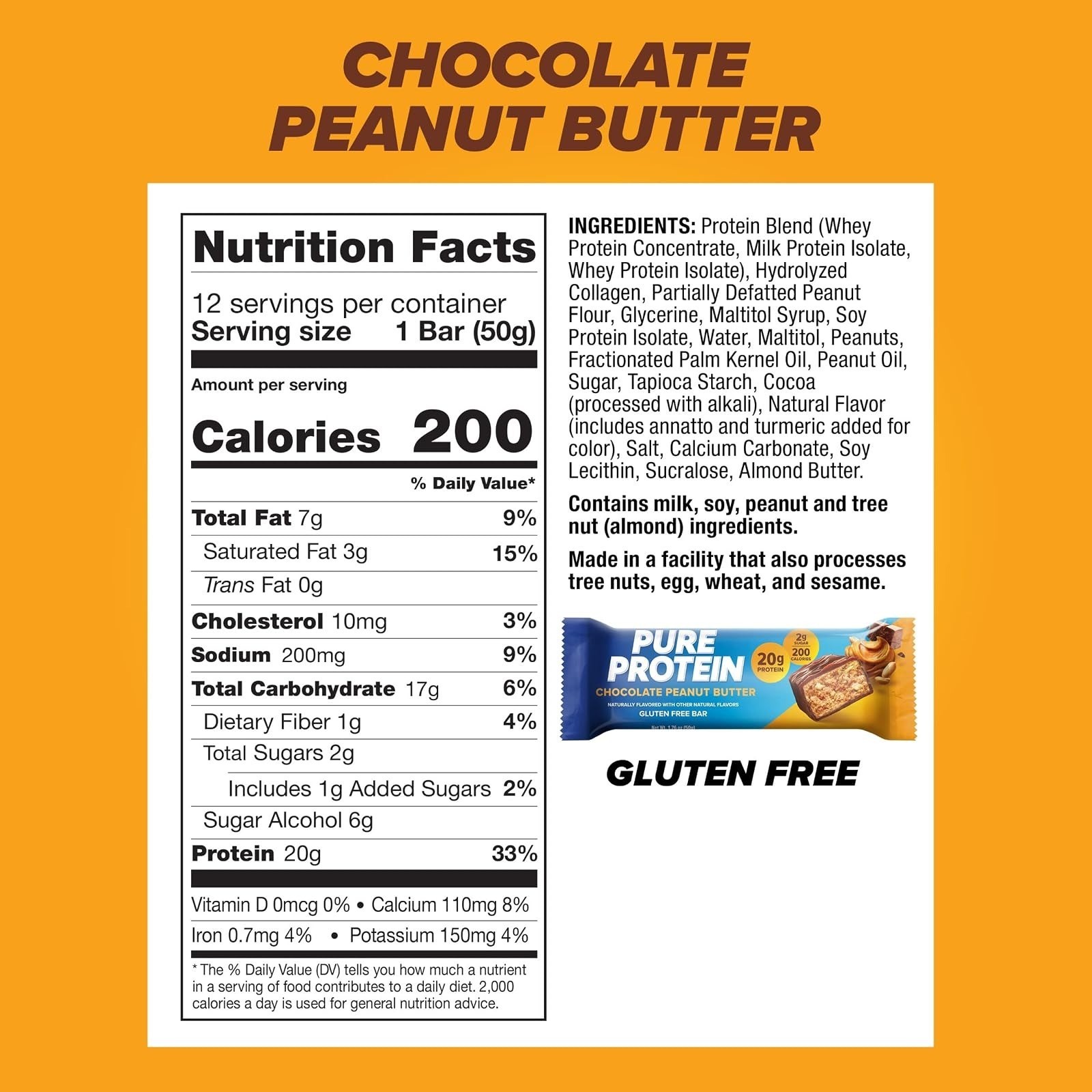 Pure Protein Chocolate Peanut Butter Bars | 20g Protein, Low Sugar, 12 Ct