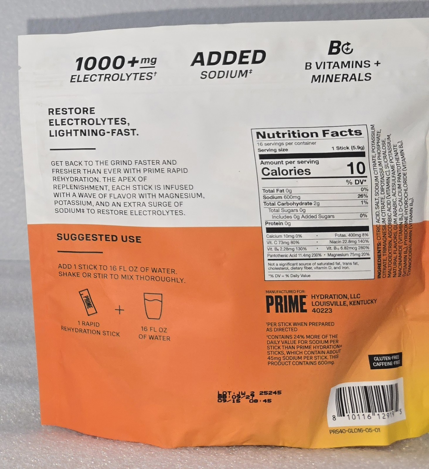 Prime Rapid Rehydration Electrolyte Drink Mix Sticks Glacier Orange 16 Sticks