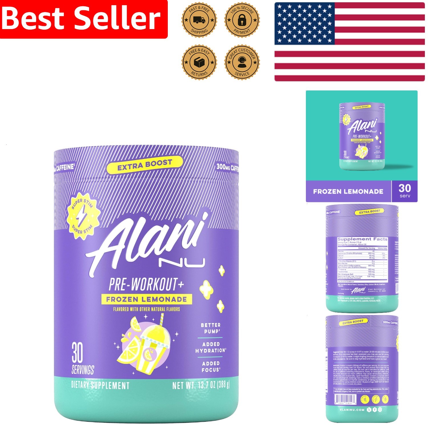 Pre Workout+ Powder Frozen Lemonade, Boost Energy, Sugar Free, 300mg Caffeine…