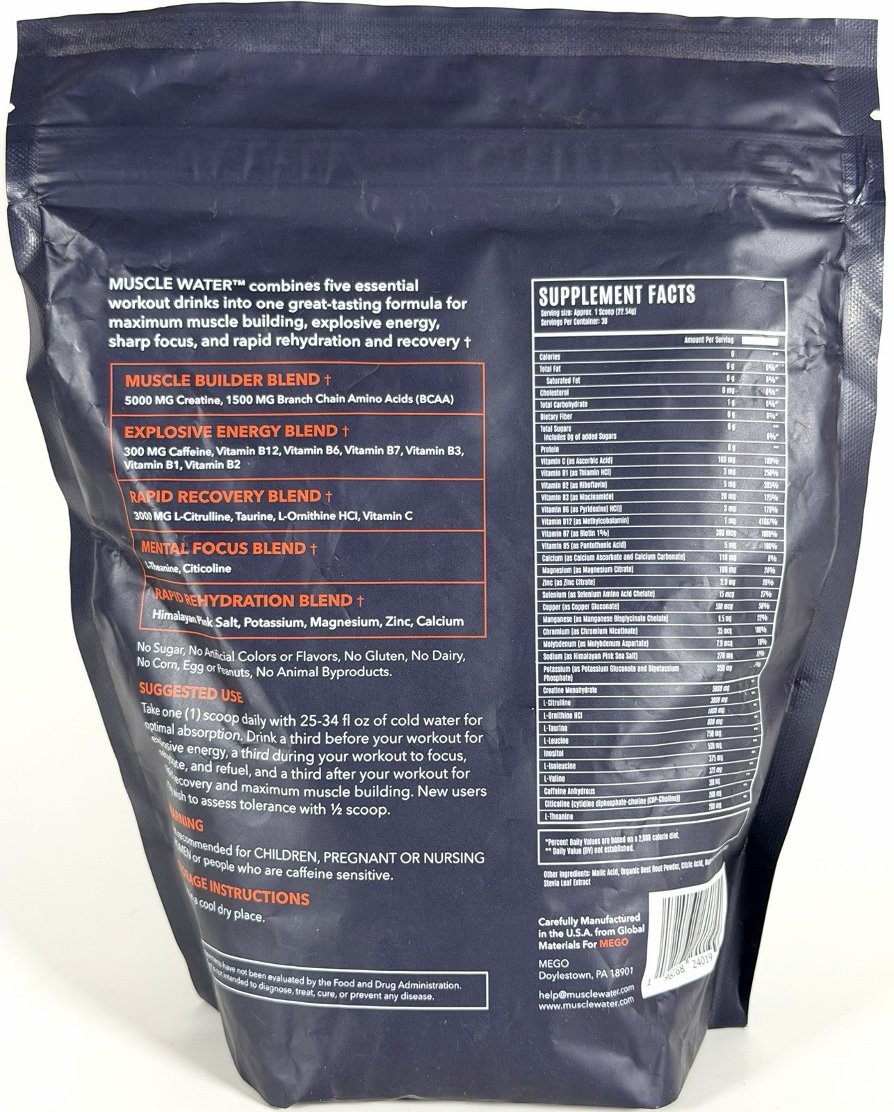 Muscle Water MEGO Fruit Punch Pre Workout Creatine BCAA 30 Servings Exp 08/26