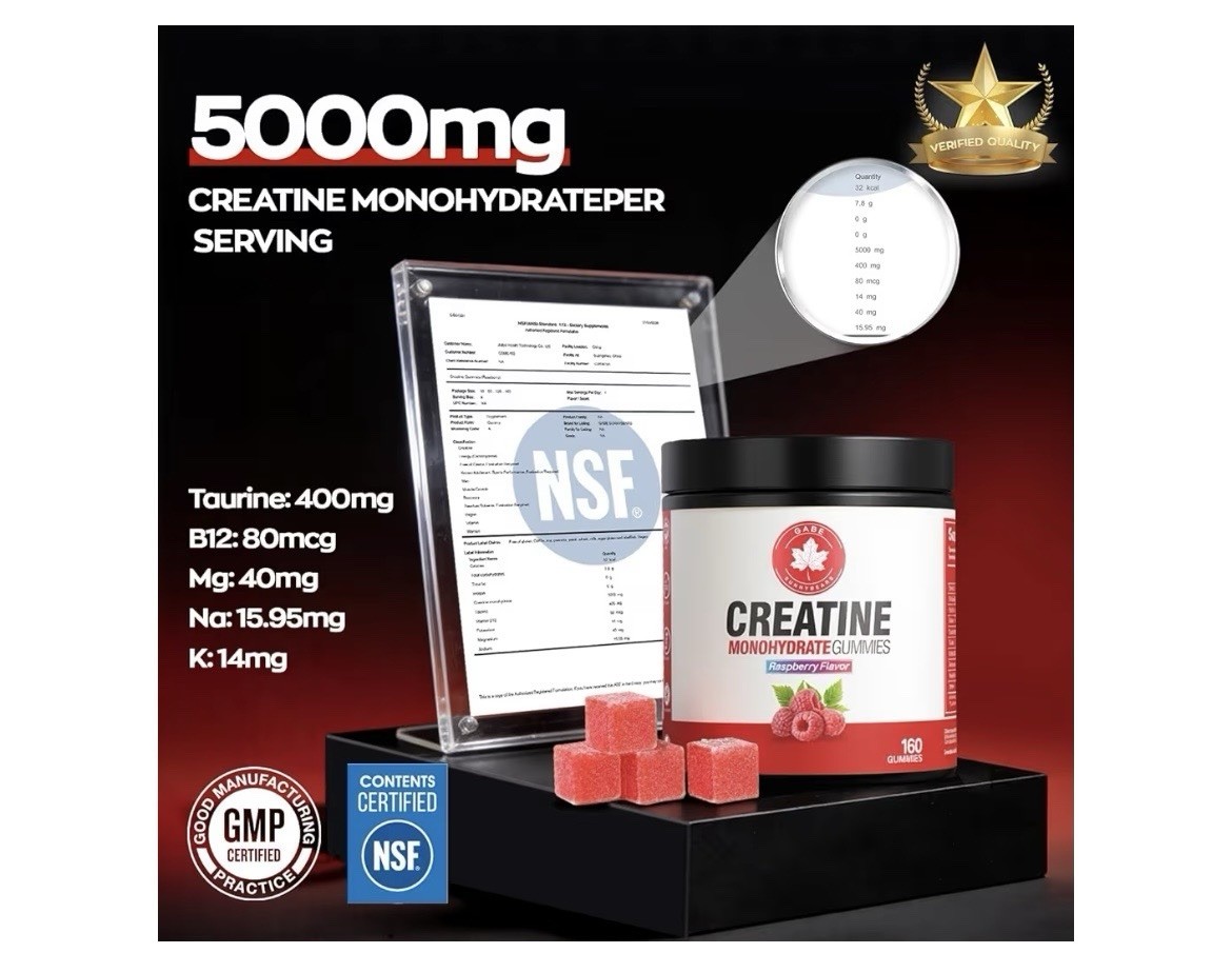 Creatine Gummies 5000mg Monohydrate 160 Count NSF Certified Raspberry B12